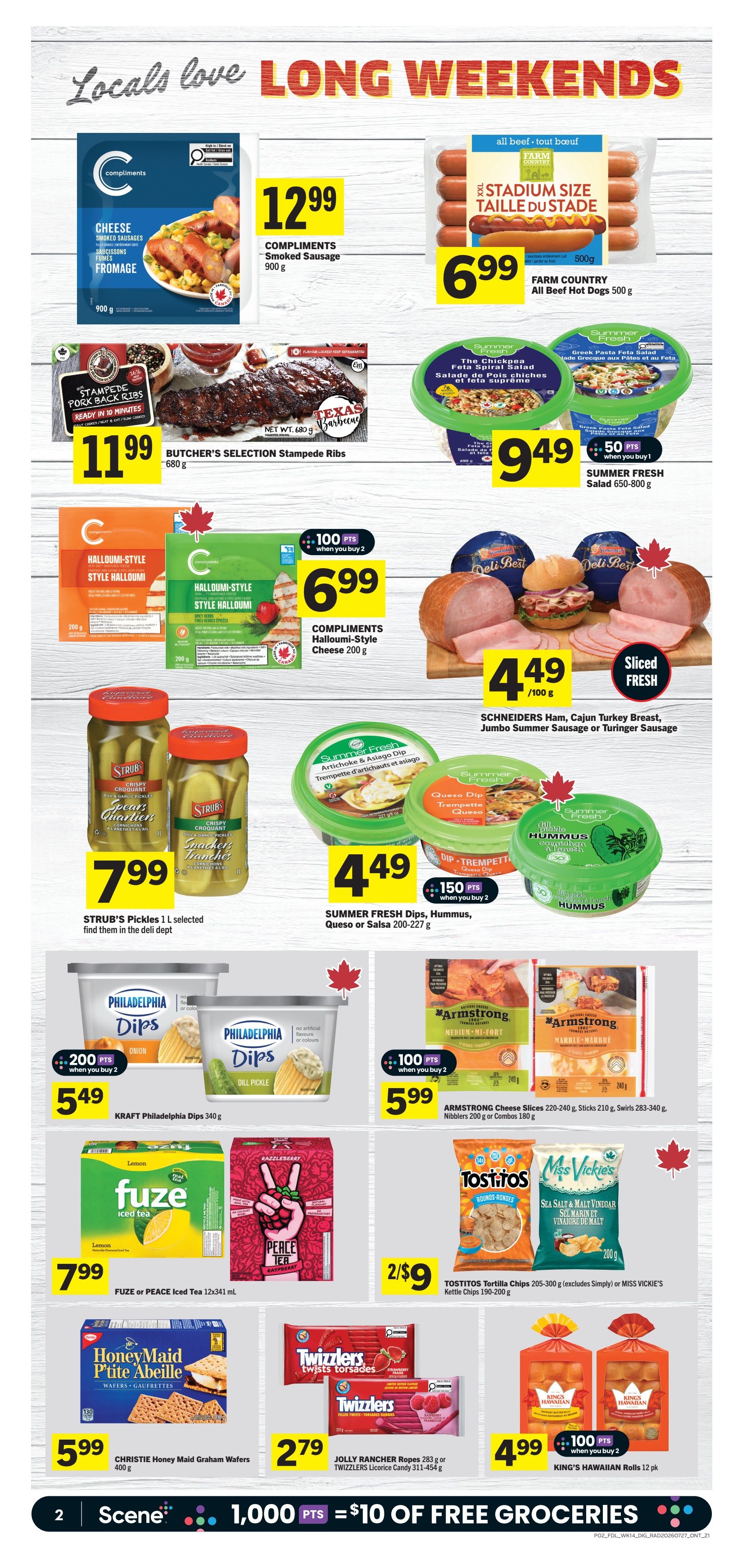 Foodland Ontario weekly flyer specials page 3 features Compliments Smoked Sausage for $12.99, Farm Country All Beef Hot Dogs for $6.99, and Butcher's Selection Stampede Ribs for $11.99. Also on sale are Compliments Halloumi-Style Cheese for $6.99 (buy 2, get 100 points), Schneiders Ham, Cajun Turkey Breast, Jumbo Summer Sausage or Turinger Sausage for $4.49 per 100g. Summer Fresh salads including The Chickpea Feta Spiral Salad and Greek Pasta Feta Salad are $9.49, with 50 bonus points when you buy 1. Summer Fresh Dips, Hummus, Queso or Salsa are $4.49 (buy 2, get 150 points). Strub's Pickles 1L are $7.99. Kraft Philadelphia Dips are $5.49 (buy 2, get 200 points). Armstrong Cheese Slices, Sticks, Nibblers or Combos are $5.99 (buy 2, get 100 points). Fuze or Peace Iced Tea 12x341 mL is $7.99. Tostitos Tortilla Chips or Miss Vickie's Kettle Chips are 2 for $9. Christie Honey Maid Graham Wafers 400g are $5.99. Jolly Rancher Ropes or Twizzlers Licorice are $2.79. King's Hawaiian Rolls 12 pk are $4.99 (buy 2, get 100 points). Scene+ members earn 1,000 points for $10 of free groceries.