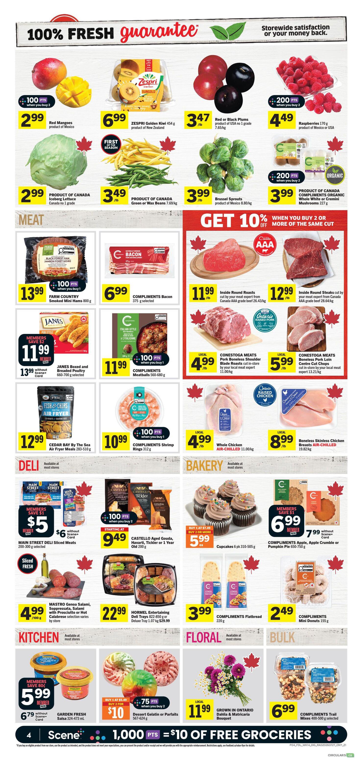 Foodland Ontario weekly flyer specials page 5. Featuring fresh produce including Red Mangoes for $2.99, Zespri Golden Kiwi for $6.99, Red or Black Plums for $3.47/lb, and Raspberries for $4.49 when you buy 2. Also available are PRODUCT OF CANADA Iceberg Lettuce for $2.99, Green or Wax Beans for $3.49/lb, Brussels Sprouts for $3.99/lb, and PRODUCT OF CANADA Compliments Organic Whole White or Cremini Mushrooms for $3.99 when you buy 2. Meat specials include FARM COUNTRY Smoked Mini Hams for $13.99, Compliments Bacon for $6.99, Inside Round Roasts cut by your meat expert from Canada AAA grade beef for $11.99/lb, and Conestoga Meats Pork Boneless Shoulder Blade Roasts for $4.99/lb. Other meat offers are Conestoga Meats Boneless Pork Loin Centre Cut Chops for $5.99/lb, Whole Chicken AIR-CHILLED for $4.99/lb, and Boneless Skinless Chicken Breasts AIR-CHILLED for $8.99/lb. Deli items include Main Street Deli Sliced Meats for $5 members save $1, starting at $6 without Scene+ card. Castello Aged Gouda, Havarti, Tickler or 1 Year Old for $9.49 when you buy 2. Hormel Entertaining Deli Trays for $22.99. Compliments Shrimp Rings for $10.99 when you buy 1. Bakery items include Cupcakes for $5.99 when you buy 2 or more. Compliments Apple, Apple Crumble or Pumpkin Pie for $6.99 members save $1, starting at $7.99 without Scene+ card. Compliments Flatbread for $3.99 and Compliments Mini Donuts for $2.49. Kitchen deals feature Garden Fresh Salsa for $5.99 members save 80 cents, starting at $6.79 without Scene+ card. Dessert Gelatin or Parfaits for $10 when you buy 2 for $10, with 75 bonus points when you buy 2. Floral offers include a Grown in Ontario Dahlia & Matricaria Bouquet for $11.99. Bulk items include Compliments Trail Mixes for $6.99. Earn 1,000 Scene+ points for $10 of free groceries.