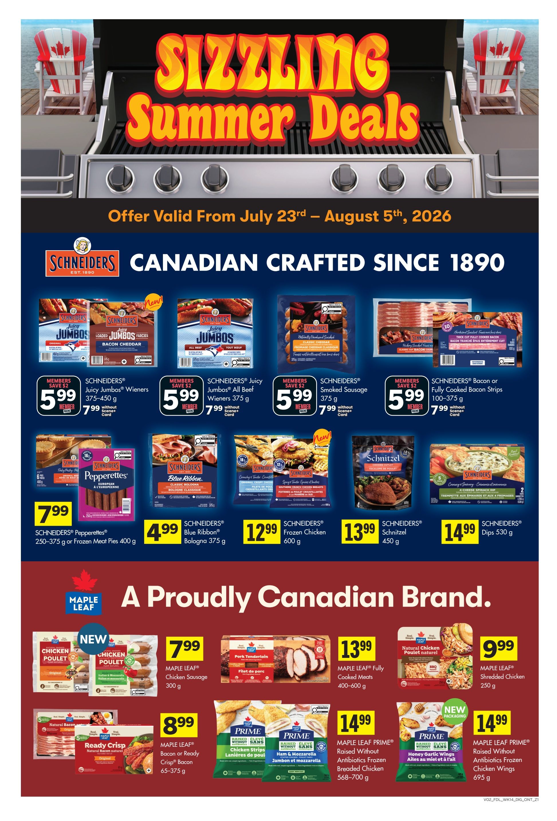 Foodland Ontario weekly flyer specials page 9, featuring Sizzling Summer Deals from Schineiders and Maple Leaf. Schineiders products include Juicy Wieners 375-450 g for $5.99 (member price) or $7.99 without card, Juicy Jambos All Beef Wieners 375 g for $5.99 (member price) or $7.99 without card, Bacon or Fully Cooked Bacon Strips 100-375 g for $5.99 (member price) or $7.99 without card, Pepperettes 250-375 g or Frozen Meat Pies 400 g for $7.99, Blue Ribbon Bologna 375 g for $4.99, Frozen Chicken 600 g for $12.99, Schnitzel 450 g for $13.99, and Dips 530 g for $14.99. Maple Leaf products include Chicken Sausage 300 g for $7.99, Pork Tenderloin 400-600 g for $13.99, Fully Cooked Meats 400-600 g for $13.99, Shredded Chicken 250 g for $9.99, Ready Crisp Bacon 65-375 g for $8.99, and Prime Antibiotics Frozen Breaded Chicken 568-700 g for $14.99, and Prime Antibiotics Frozen Chicken Wings 695 g for $14.99. Offer valid from July 23rd to August 5th, 2026.