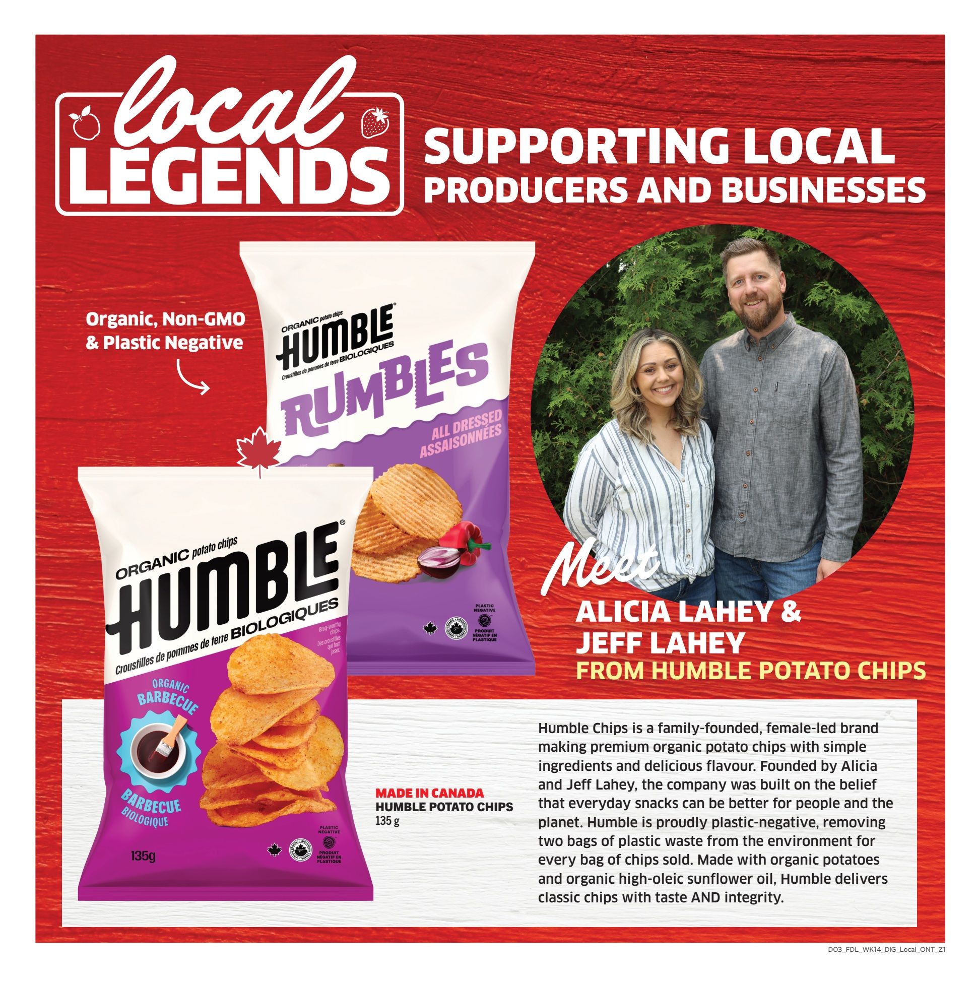 Foodland Ontario flyer page 11 features Humble Potato Chips, a family-founded, female-led brand. The page highlights their commitment to supporting local producers and businesses, with products being Organic, Non-GMO & Plastic Negative. Featured are Humble Rumbles All Dressed potato chips and Humble Organic Barbecue potato chips, both 135g bags. The description explains that Humble Chips are made with simple ingredients and delicious flavour, founded by Alicia and Jeff Lahey. The company is proud to be plastic-negative, removing two bags of plastic waste from the environment for every bag of chips sold. They use organic high-oleic sunflower oil and deliver classic chips with taste and integrity. The page includes a photo of Alicia and Jeff Lahey from Humble Potato Chips.
