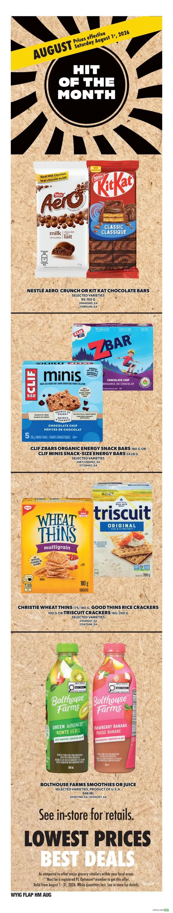 Independent flyer page 5 featuring 'Hit of the Month' specials for August 2026. Offers include Nestlé Aero, Crunch, or Kit Kat chocolate bars (95-105g) and Christie Wheat Thins (175-180g) or Good Thins Rice Crackers (185-200g). Also featured are Clif Zbar Organic Energy Snack Bars (180g) or Clif Minis Snack-Size Energy Bars (5x28g), and Bolthouse Farms Smoothies or Juice (946ml) in Green Goodness and Strawberry Banana varieties. Prices are available in-store, with a note that the flyer is valid from August 1-31, 2026, and some offers require PC Optimum membership.