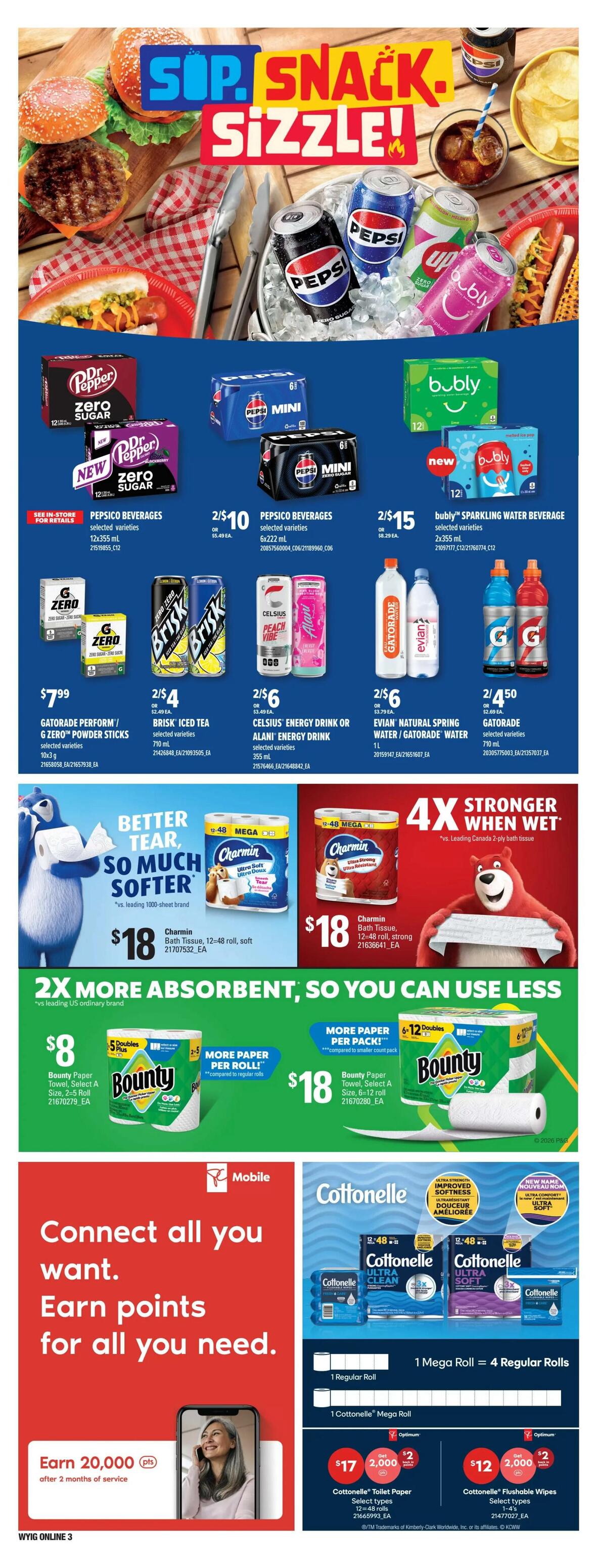 Independent flyer page 11 features a 'Sip, Snack, Sizzle!' theme with deals on beverages and snacks. Offers include 2/$10 for PepsiCo Beverages (12x355 mL), 2/$15 for bubly Sparkling Water Beverage (2x355 mL), and $7.99 for Gatorade Perform / G Zero Powder Sticks (10x3 g). Also featured are Brisk Iced Tea (2/$4 for 710 mL), Celsius Energy Drink or Alani Energy Drink (2/$6 for 355 mL), Evian Natural Spring Water / Gatorade Water (2/$6 for 1 L), and Gatorade (2/$4.50 for 710 mL). In the home essentials section, Charmin Bath Tissue is available in 12-48 roll soft or strong varieties for $18. Bounty Paper Towels are on sale: select A size, 2-5 rolls for $8, and 6-12 doubles rolls for $18. The page also promotes Mobile offers, allowing customers to earn 20,000 points after 2 months of service. Cottonelle products are highlighted with deals on toilet paper (12-48 rolls for $17, get 2,000 points) and flushable wipes (1-4's for $12, get 2,000 points).