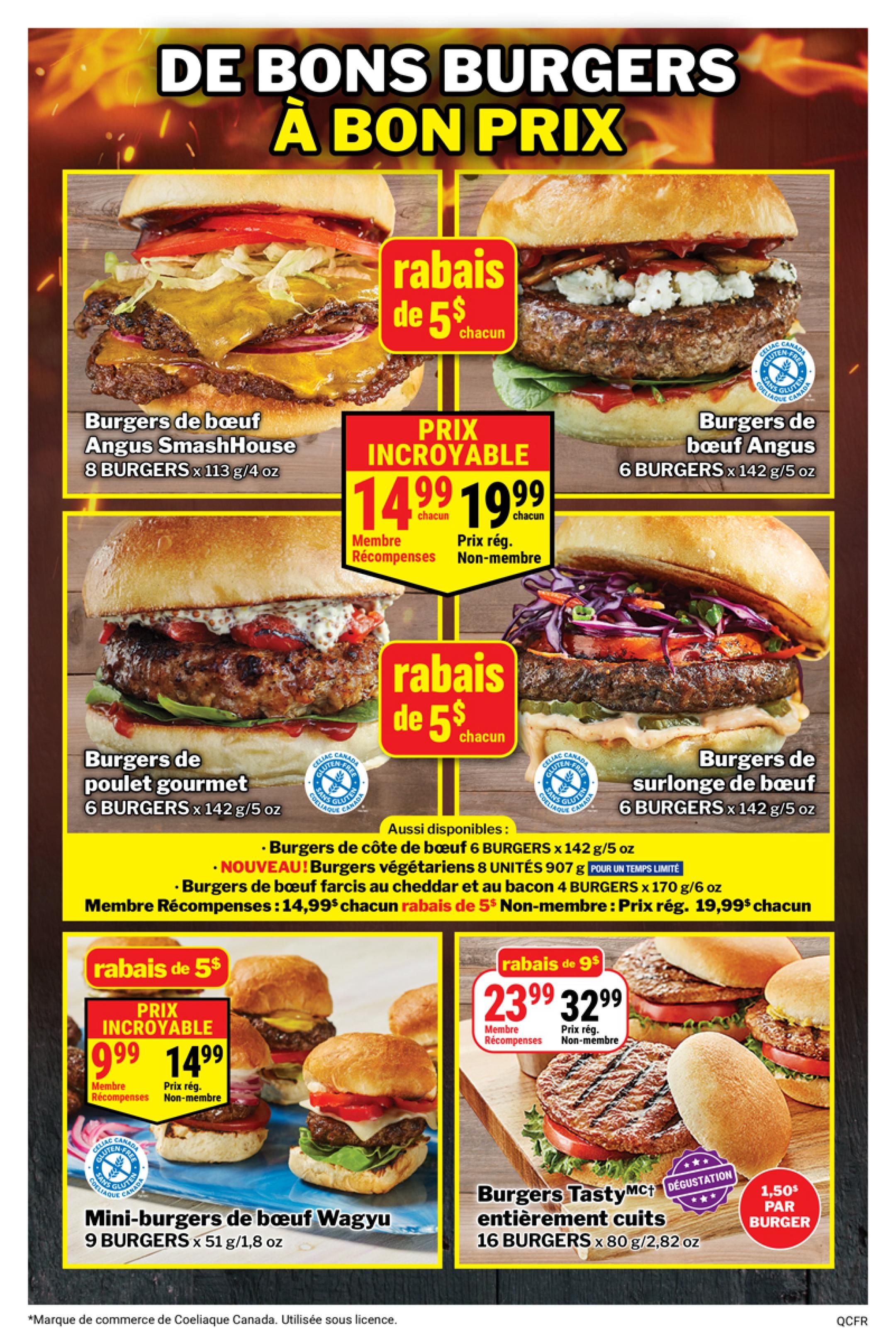 M&M Food Market weekly flyer specials page 2 features a variety of burgers on sale. Top row includes Angus SmashHouse beef burgers, 8 burgers per pack for $14.99 (member price) or $19.99 (regular price), and Angus beef burgers, 6 burgers per pack for $5 each. Bottom row showcases gourmet chicken burgers, 6 burgers per pack for $5 each, and sirloin beef burgers, 6 burgers per pack for $5 each. Additional available items include beef burgers on a bun for $5 each, vegetarian burgers for $19.99 (regular price) or $14.99 (member price) with a $5 discount, and cheddar and bacon stuffed beef burgers for $19.99 (regular price) or $14.99 (member price) with a $5 discount. Also featured are Wagyu beef mini-burgers, 9 burgers per pack, for $9.99 (member price) or $14.99 (regular price), and fully cooked Tasty Burgers, 16 burgers per pack, for $23.99 (member price) or $32.99 (regular price), with a special offer of $1.50 per burger.