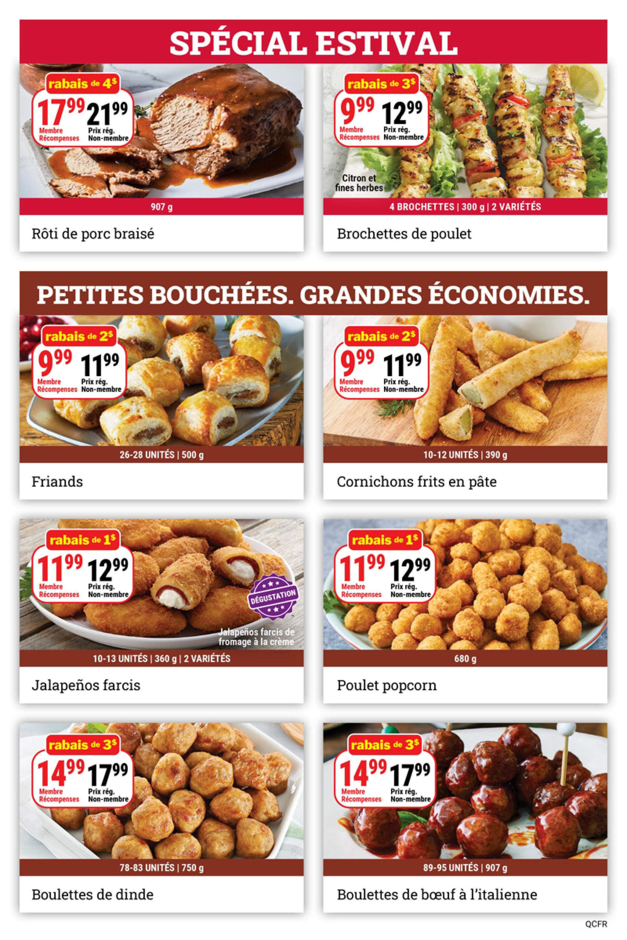 M&M Food Market Quebec flyer page 3 features 'Special Estival' deals. Top row includes Braised Pork Roast for $17.99 (member price) or $21.99 (non-member), regularly $21.99, with a $4 discount. Also, Chicken Skewers (Lemon & Herbs) are $9.99 (member price) or $12.99 (non-member), regularly $12.99, with a $3 discount, available in 4 skewers, 300g, 2 varieties. The 'Petites Bouchées. Grandes Économies.' section offers Friands for $9.99 (member price) or $11.99 (non-member), regularly $11.99, with a $2 discount, 26-28 units, 500g. Fried Pickles are $9.99 (member price) or $11.99 (non-member), regularly $11.99, with a $2 discount, 10-12 units, 390g. Middle row features Jalapeño Poppers for $11.99 (member price) or $12.99 (non-member), regularly $12.99, with a $1 discount, 10-13 units, 360g, 2 varieties, with a 'Dégustation' (Tasting) label. Popcorn Chicken is $11.99 (member price) or $12.99 (non-member), regularly $12.99, with a $1 discount, 680g. Bottom row shows Turkey Meatballs for $14.99 (member price) or $17.99 (non-member), regularly $17.99, with a $3 discount, 78-83 units, 750g. Italian Beef Meatballs are $14.99 (member price) or $17.99 (non-member), regularly $17.99, with a $3 discount, 89-95 units, 907g.