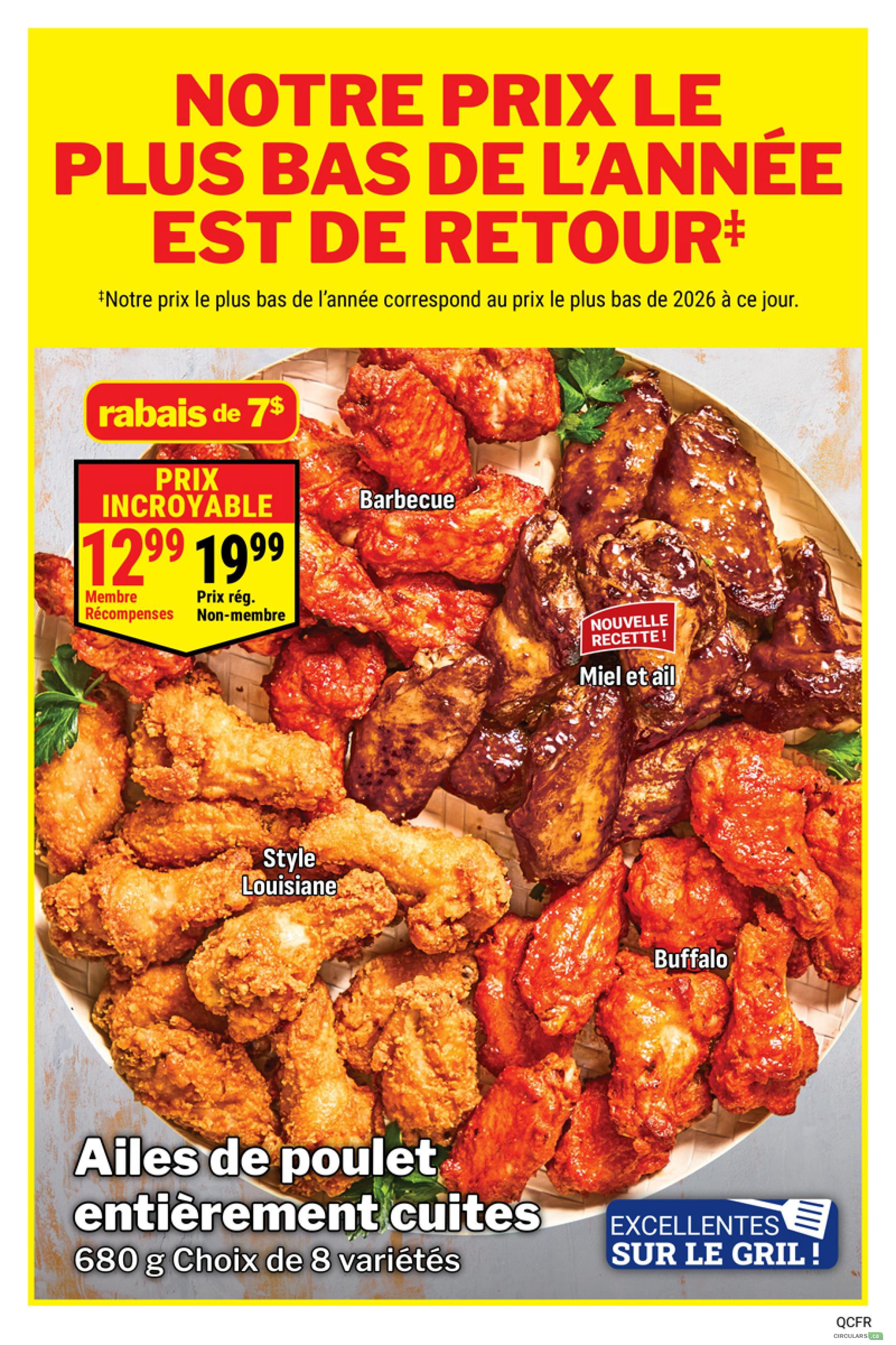 M&M Food Market weekly flyer specials page 5 features a 'Our Lowest Price of the Year is Back!' promotion. Enjoy a $7 discount on fully cooked chicken wings, available in 8 varieties, 680g. Member price is $12.99, with the regular non-member price at $19.99. Featured wing flavours include Barbecue, Honey Garlic (new recipe!), Louisiana Style, and Buffalo. The text 'Excellent on the grill!' is also displayed.