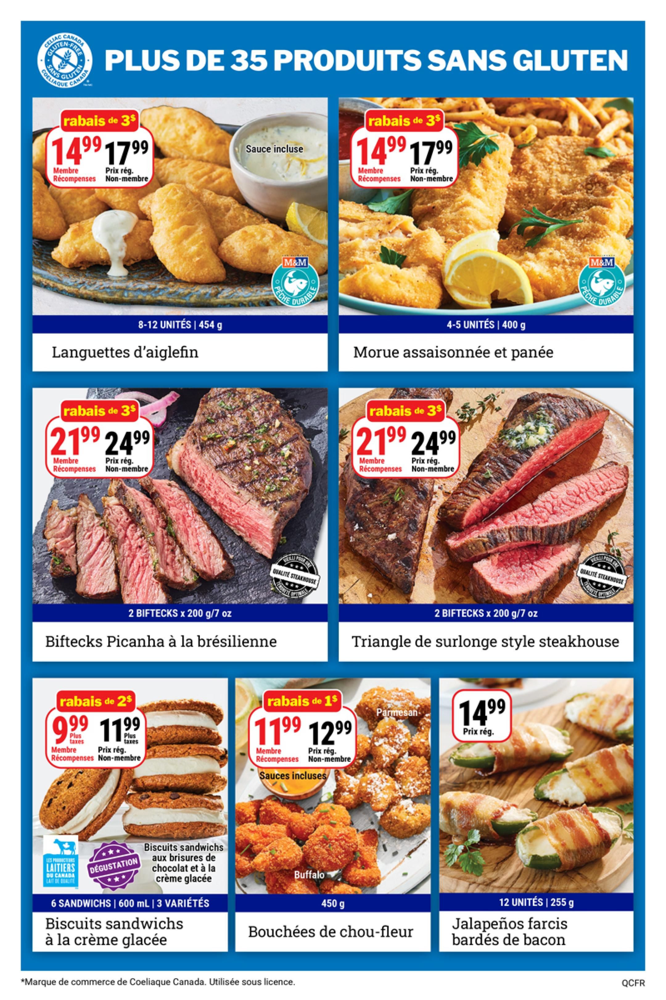 M&M Food Market weekly flyer specials page 6, featuring a variety of gluten-free products. Top row: 8-12 units of breaded haddock fillets with sauce for $14.99 (member price) or $17.99 (regular price), and 4-5 units of seasoned and breaded cod for $14.99 (member price) or $17.99 (regular price). Middle row: 2 Picanha steaks (200g/7 oz each) for $21.99 (member price) or $24.99 (regular price), and 2 steakhouse-style sirloin steaks (200g/7 oz each) for $21.99 (member price) or $24.99 (regular price). Bottom row: 6 sandwiches (600ml) of ice cream cookie sandwiches for $9.99 (member price) or $11.99 (regular price), 450g of Buffalo cauliflower bites for $11.99 (member price) or $12.99 (regular price), and 12 units of bacon-wrapped jalapeño poppers (255g) for $14.99 (regular price).