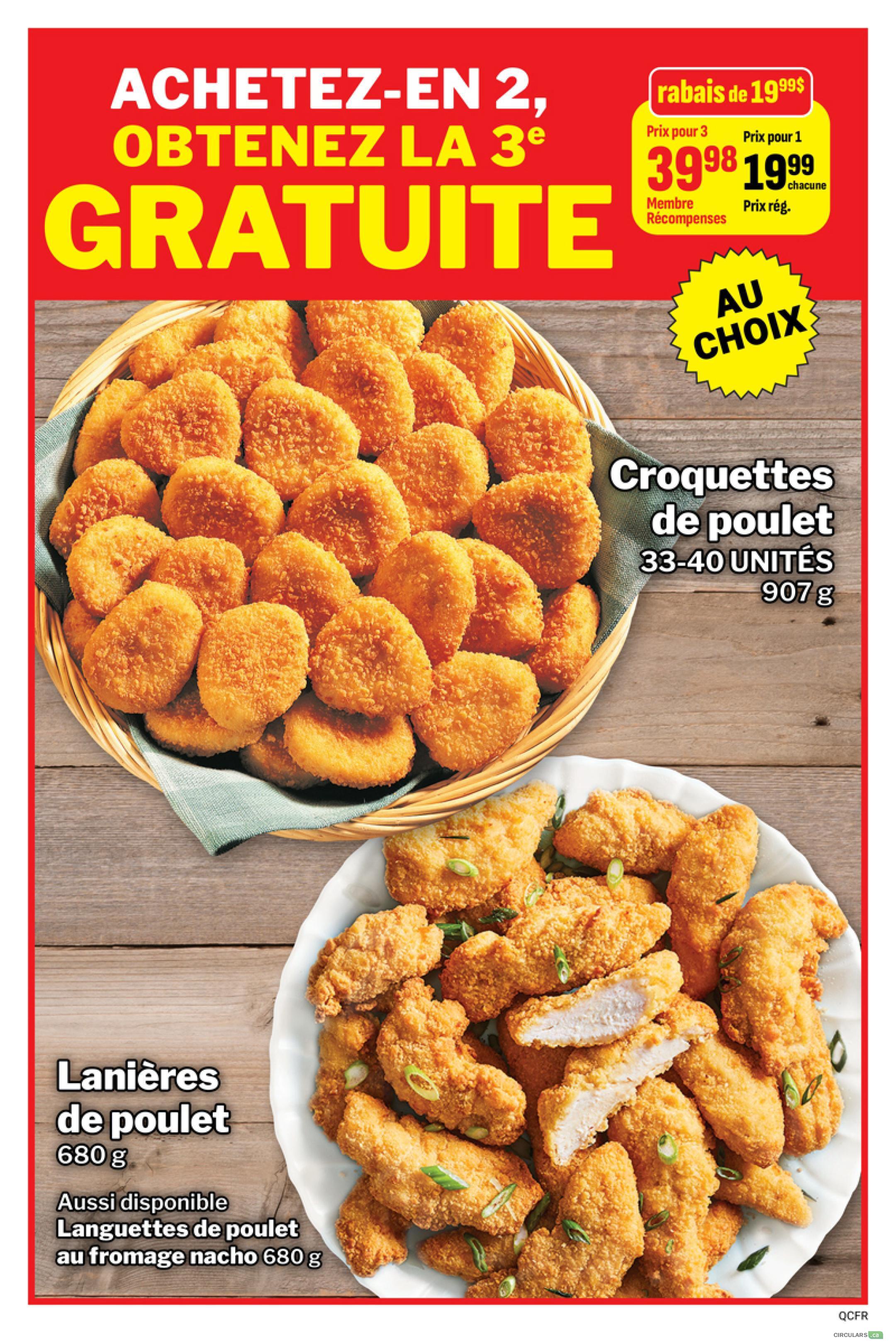 M&M Food Market flyer page 8 features a 'Buy 2, Get the 3rd FREE' promotion. Featured items include Chicken Croquettes, 33-40 units, 907g, priced at $39.98 for 3 or $19.99 each for Rewards Members, with a regular price of $19.99 each. Also available are Chicken Strips, 680g, and Nacho Cheese Chicken Tenders, 680g. The promotion 'Au Choix' (Your Choice) applies to these selections.
