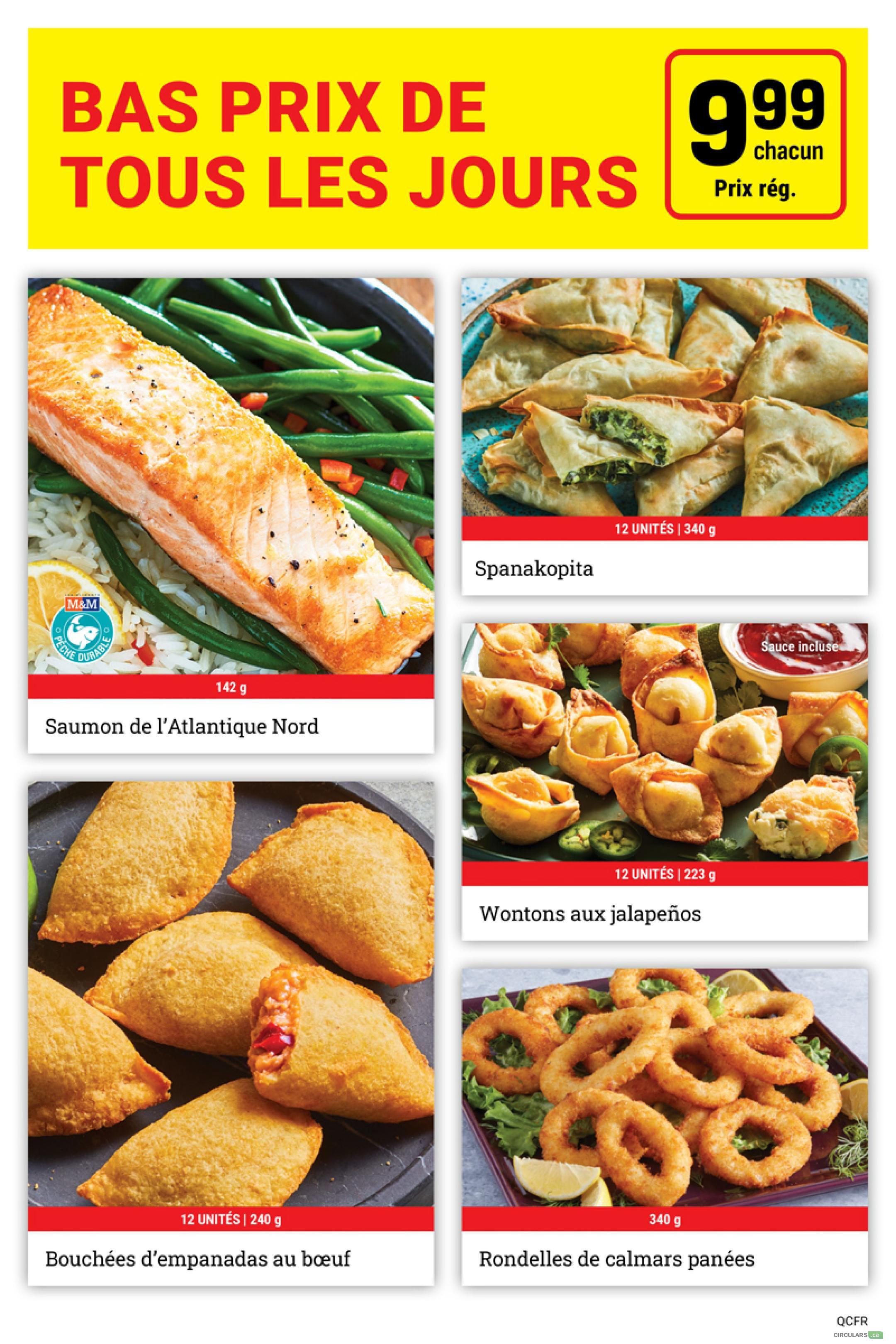 M&M Food Market weekly flyer specials page 10 features 'Everyday Low Prices' with a special offer of $9.99 each. Pictured are: North Atlantic Salmon (142 g), Spanakopita (12 units | 340 g), Beef Empanada Bites (12 units | 240 g), Jalapeño Wontons with sauce included (12 units | 223 g), and Breaded Calamari Rings (340 g).