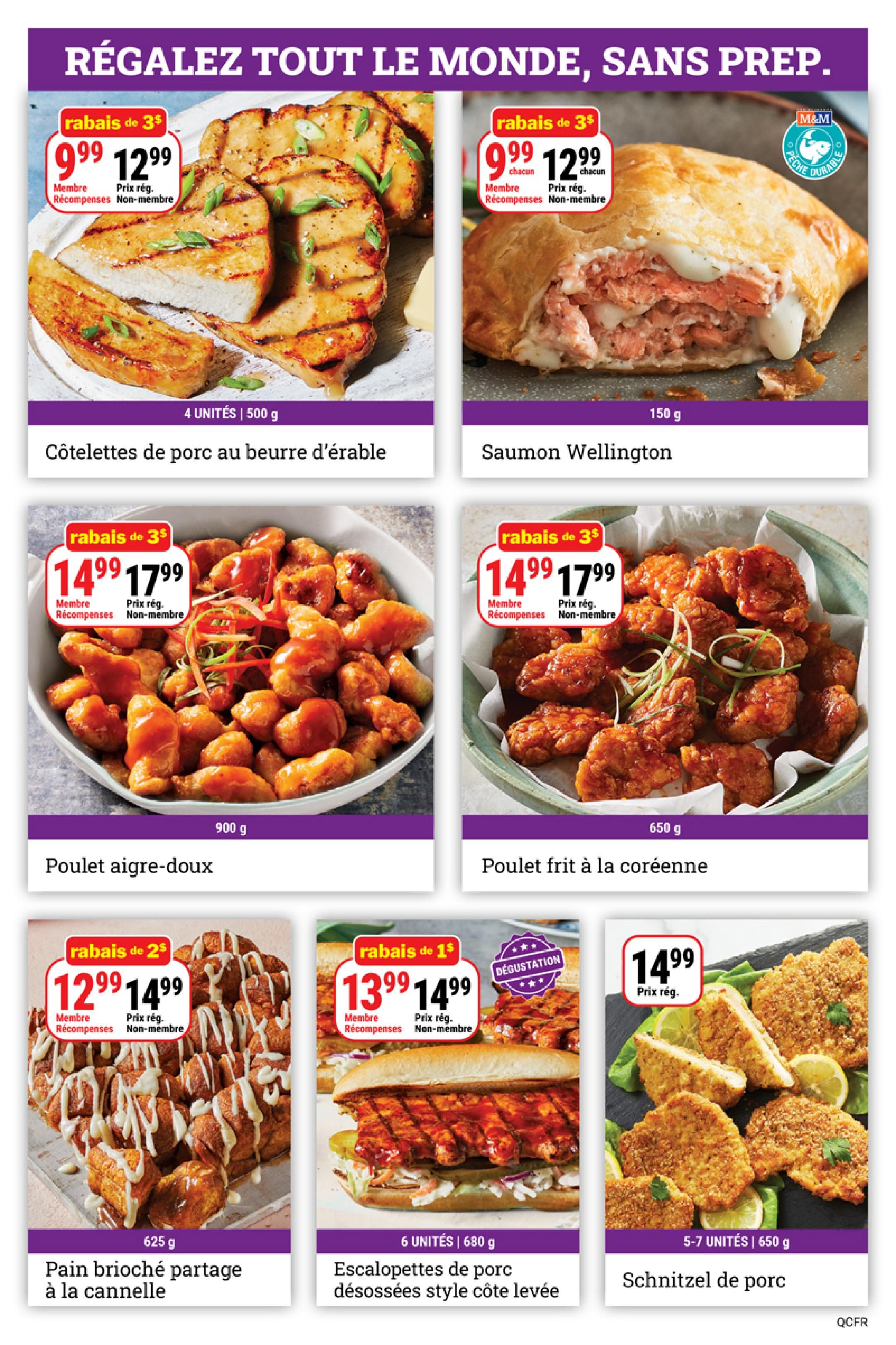 M&M Food Market flyer page featuring various prepared meals. Top row: Maple butter pork chops, 4 units, 500 g, on sale for $9.99 (member price) or $12.99 (non-member price), a $3 discount. Salmon Wellington, 150 g, on sale for $9.99 (member price) or $12.99 (non-member price), a $3 discount. Middle row: Sweet and sour chicken, 900 g, on sale for $14.99 (member price) or $17.99 (non-member price), a $3 discount. Korean fried chicken, 650 g, on sale for $14.99 (member price) or $17.99 (non-member price), a $3 discount. Bottom row: Cinnamon pull-apart brioche bread, 625 g, on sale for $12.99 (member price) or $14.99 (non-member price), a $2 discount. Pulled pork cutlets, 6 units, 680 g, on sale for $13.99 (member price) or $14.99 (non-member price), a $1 discount. Pork schnitzel, 5-7 units, 650 g, priced at $14.99 regular price.