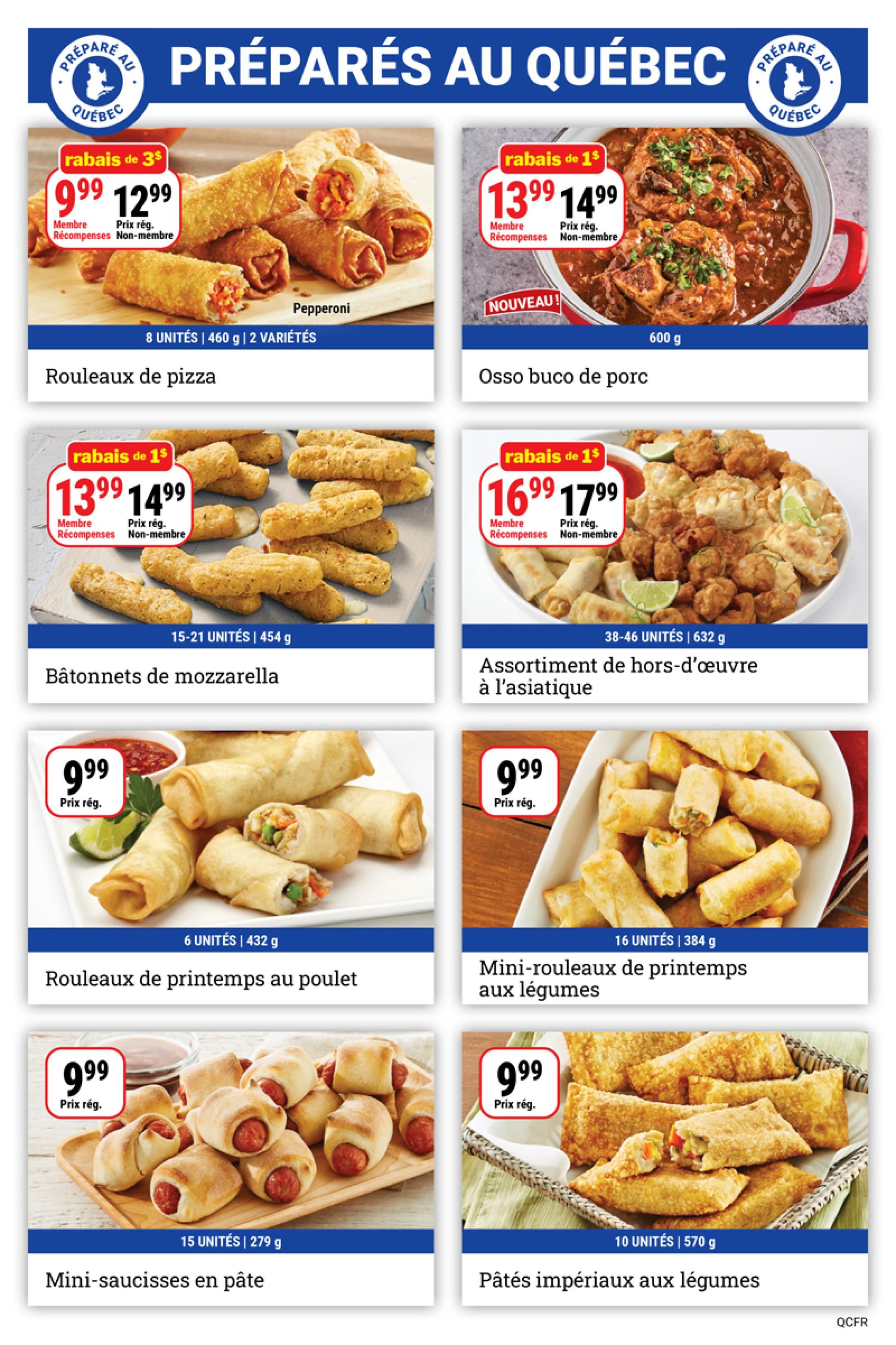 M&M Food Market Quebec flyer page featuring 'Prepared in Quebec' specials. Top row: Pepperoni pizza rolls, 8 units, 460g, 2 varieties, on sale for $9.99 (regular $12.99, save $3). New item: Pork Osso Buco, 600g, for $13.99 (regular $14.99, save $1). Middle row: Mozzarella sticks, 15-21 units, 454g, for $13.99 (regular $14.99, save $1). Asian-inspired appetizer assortment, 38-46 units, 632g, for $16.99 (regular $17.99, save $1). Bottom row: Chicken spring rolls, 6 units, 432g, for $9.99. Mini sausage rolls, 15 units, 279g, for $9.99. Vegetable imperial rolls, 10 units, 570g, for $9.99.