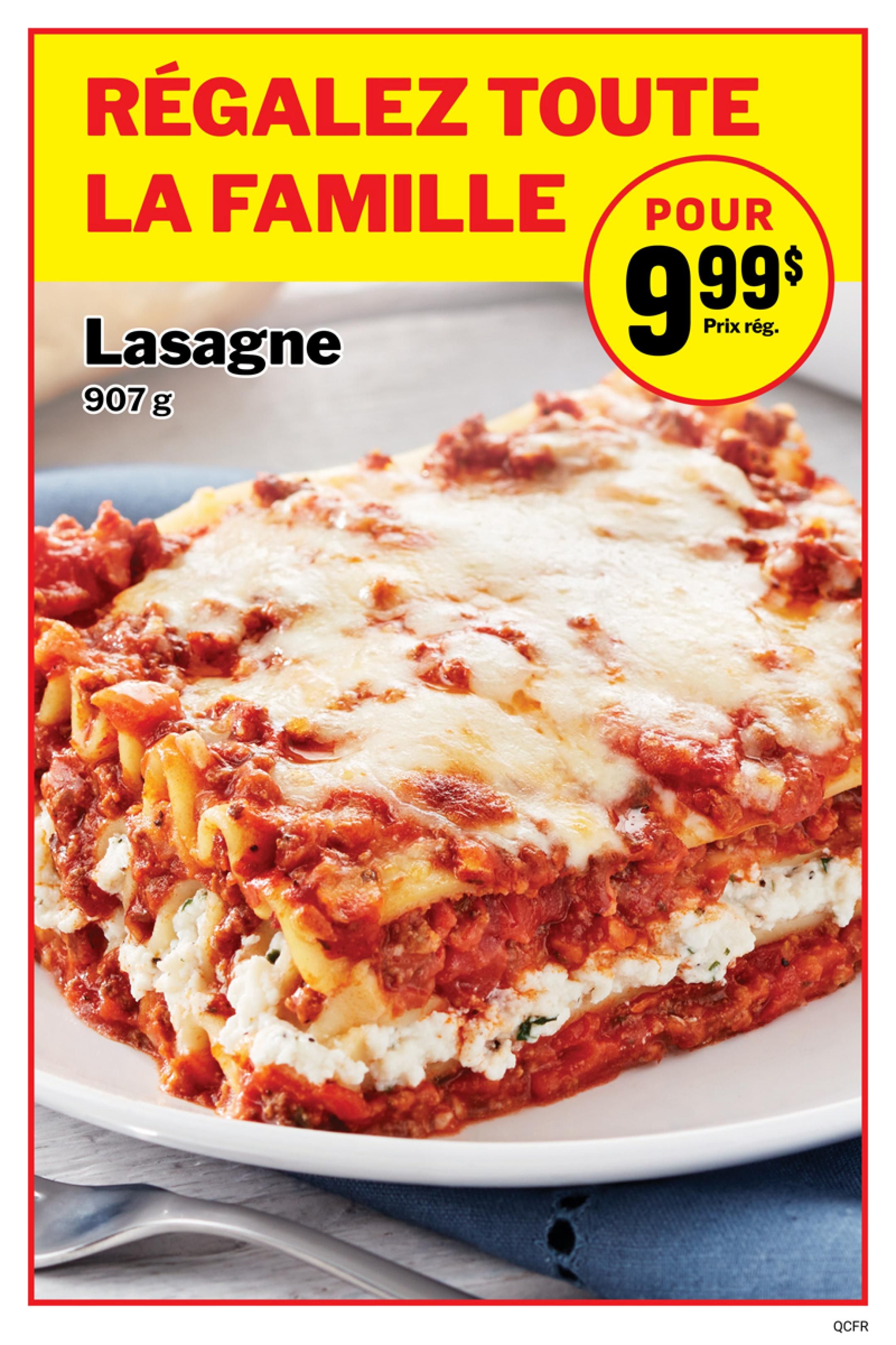 M&M Food Market weekly flyer specials page 15 features a delicious lasagna, 907 g, for only $9.99. The headline reads 'Treat the whole family'.