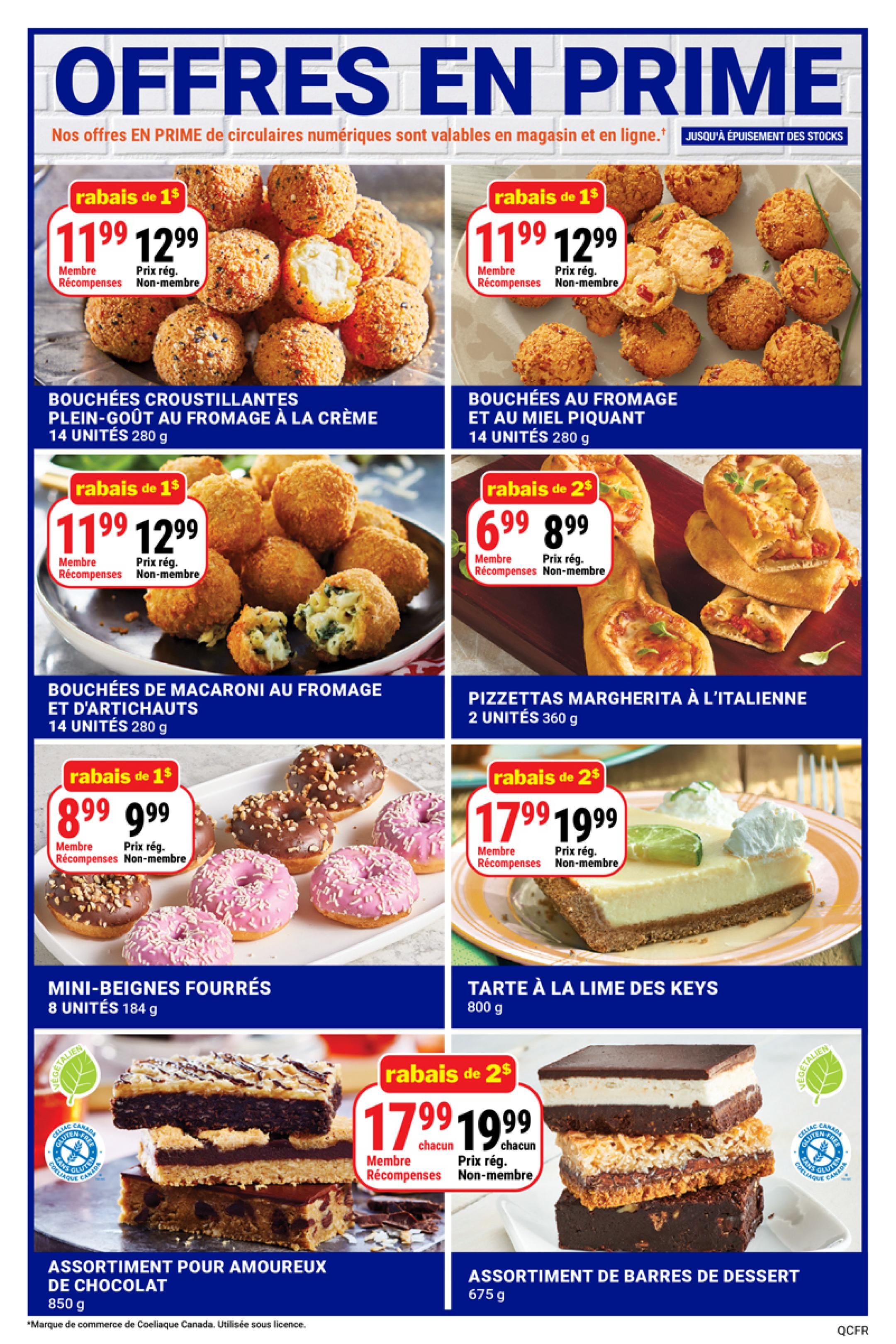 M&M Food Market weekly flyer specials page 16 features several deals. Top row: Cream cheese stuffed bites are $11.99 for members and $12.99 for non-members. Spicy honey cheese bites are $11.99 for members and $12.99 for non-members. Middle row: Macaroni and artichoke cheese bites are $11.99 for members and $12.99 for non-members. Italian-style Margherita pizzettas are $6.99 for members and $8.99 for non-members. Bottom row: Mini filled donuts are $8.99 for members and $9.99 for non-members. Key lime pie is $17.99 for members and $19.99 for non-members. Chocolate lover's assortment is $17.99 each for members and $19.99 each for non-members. Dessert bar assortment is also $17.99 each for members and $19.99 each for non-members.