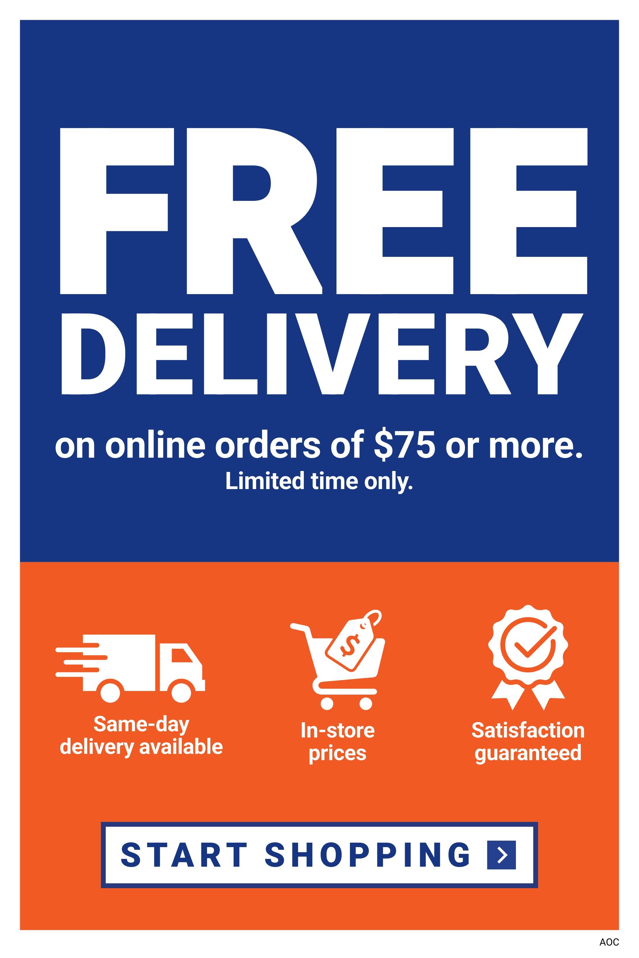 M&M Food Market weekly flyer specials page 4: Free delivery on online orders of $75 or more, limited time only. Features include same-day delivery available, in-store prices, and satisfaction guaranteed. Button to 'Start Shopping' is displayed.