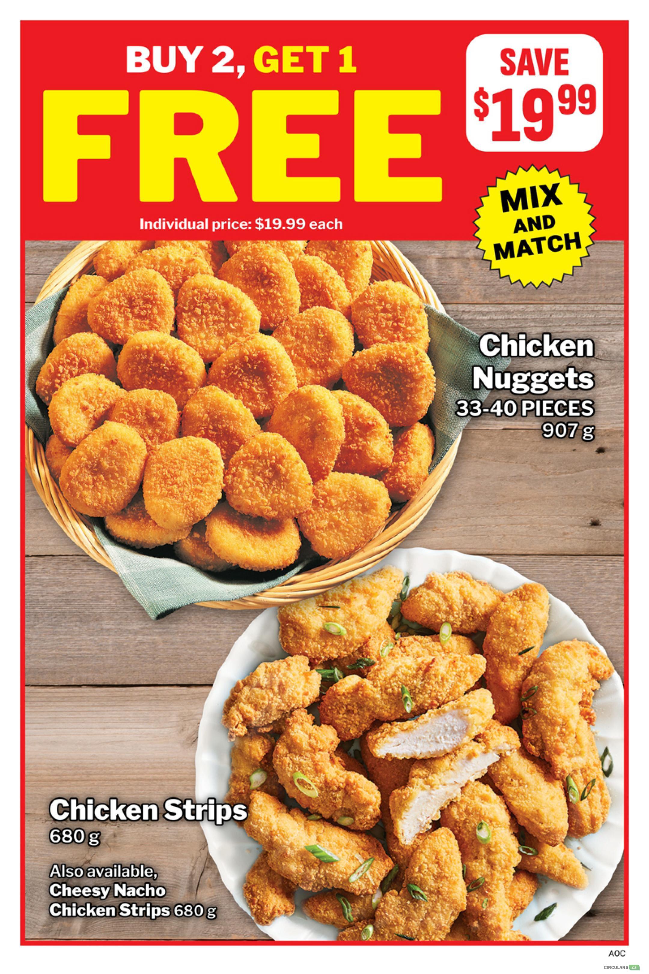 M&M Food Market weekly flyer specials page 8 features a buy 2, get 1 free offer on Chicken Nuggets, 33-40 pieces, 907g, with an individual price of $19.99 each. The offer allows for mix and match. Also featured are Chicken Strips, 680g, and Cheesy Nacho Chicken Strips, 680g.