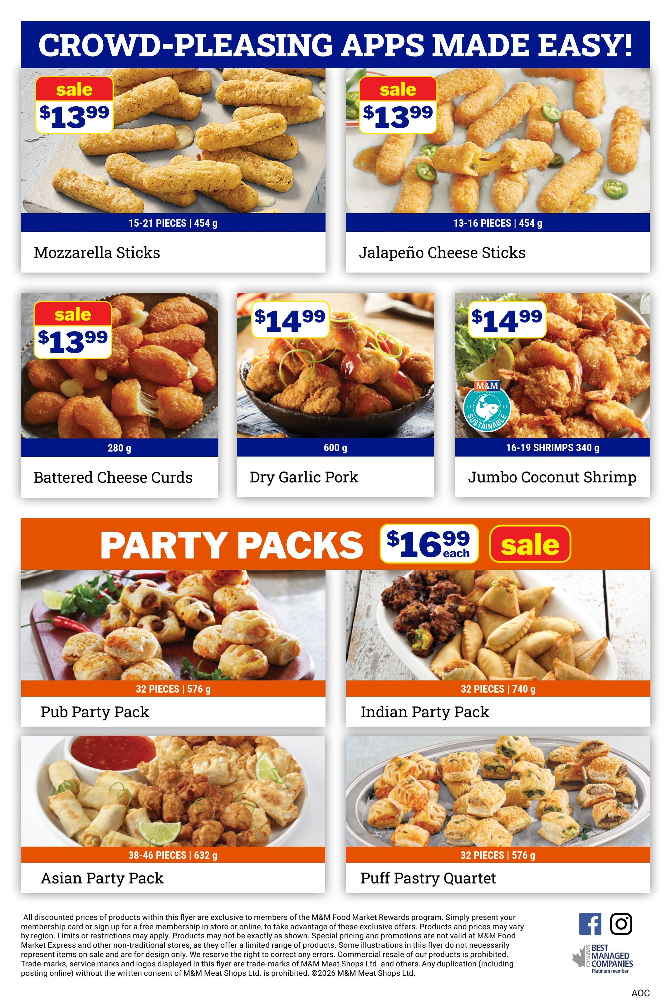 M&M Food Market weekly flyer specials page 13, featuring crowd-pleasing appetizers. Sale items include Mozzarella Sticks for $13.99 (454 g), Jalapeño Cheese Sticks for $13.99 (454 g), and Battered Cheese Curds for $13.99 (280 g). Other appetizers include Dry Garlic Pork for $14.99 (600 g) and Jumbo Coconut Shrimp for $14.99 (340 g). The flyer also highlights 'Party Packs' on sale for $16.99 each, including Pub Party Pack (32 pieces, 576 g), Indian Party Pack (32 pieces, 740 g), Asian Party Pack (38-46 pieces, 632 g), and Puff Pastry Quartet (32 pieces, 576 g). All discounted prices are exclusive to M&M Food Market Rewards members.