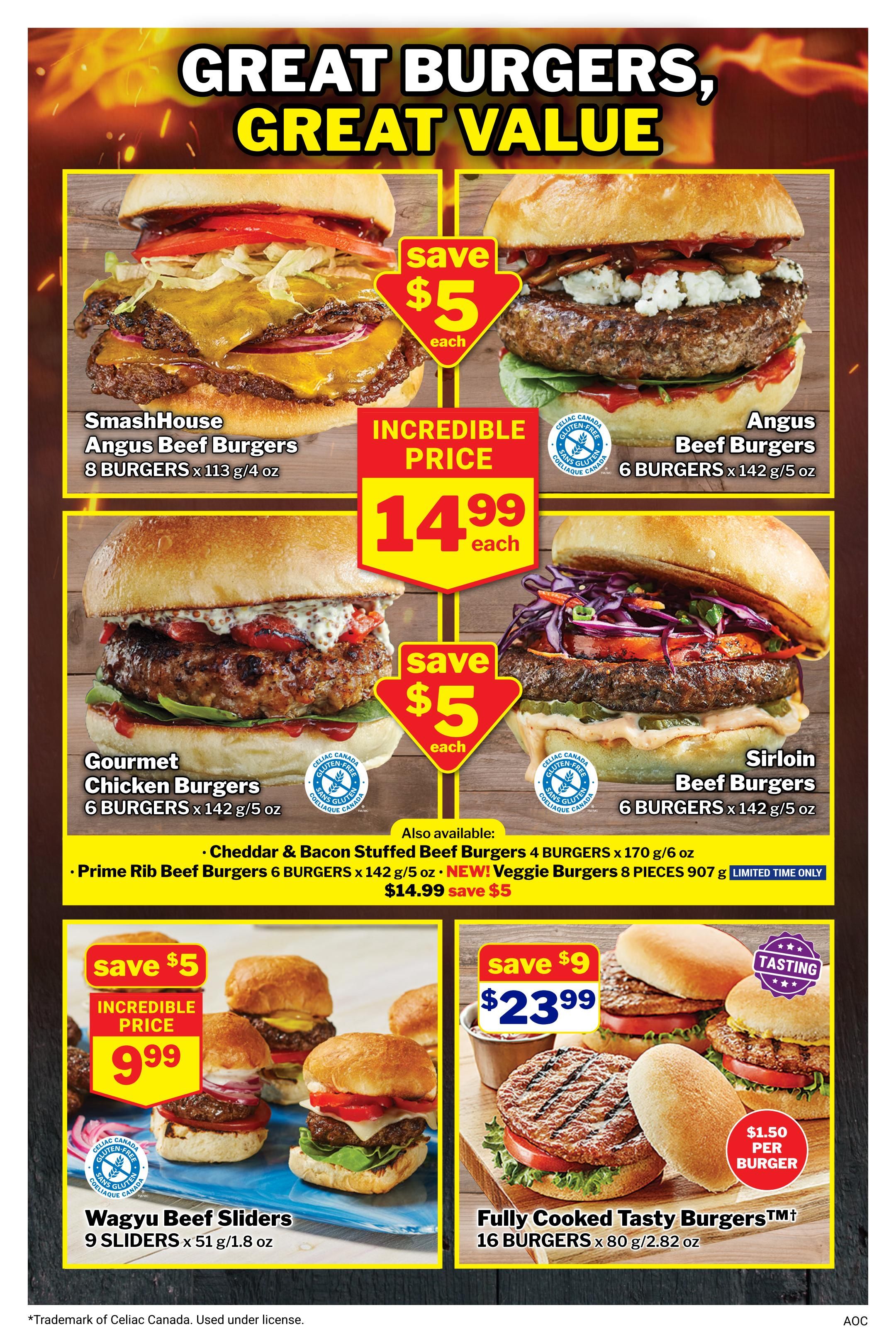 M&M Food Market flyer page 2 features a variety of burgers with great value. Featured are SmashHouse Angus Beef Burgers, 8 burgers x 113 g/4 oz, for an incredible price of $14.99 each, saving $5. Also available are Angus Beef Burgers, 6 burgers x 142 g/5 oz, for $14.99 each, saving $5. Gourmet Chicken Burgers, 6 burgers x 142 g/5 oz, are also $14.99 each, saving $5. Sirloin Beef Burgers, 6 burgers x 142 g/5 oz, are priced at $14.99 each, saving $5. Other available options include Cheddar & Bacon Stuffed Beef Burgers, 4 burgers x 170 g/6 oz, and NEW Veggie Burgers, 8 pieces 907 g, for $14.99, saving $5 (limited time only). Additionally, Wagyu Beef Sliders, 9 sliders x 51 g/1.8 oz, are on sale for an incredible price of $9.99, saving $5. Fully Cooked Tasty Burgers, 16 burgers x 80 g/2.82 oz, are available for $23.99, saving $9, which works out to $1.50 per burger. All featured burgers are gluten-free certified.