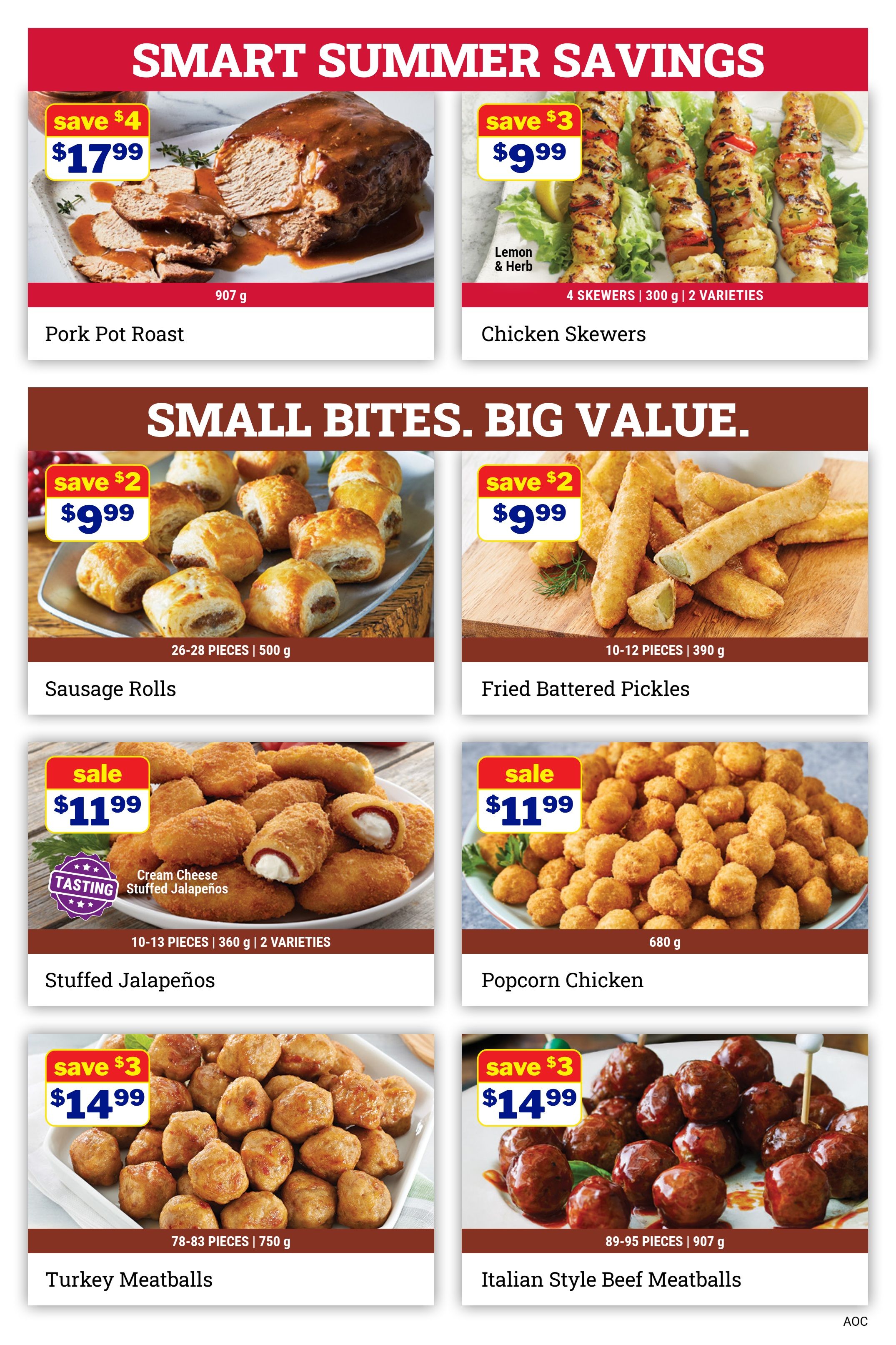 M&M Food Market flyer page 3 featuring 'Smart Summer Savings' and 'Small Bites. Big Value.' sections. Top row includes Pork Pot Roast for $17.99 (save $4) and Lemon & Herb Chicken Skewers for $9.99 (save $3). Middle row showcases Sausage Rolls for $9.99 (save $2), Fried Battered Pickles for $9.99 (save $2), Cream Cheese Stuffed Jalapeños for $11.99 (sale), and Popcorn Chicken for $11.99 (sale). Bottom row features Turkey Meatballs for $14.99 (save $3) and Italian Style Beef Meatballs for $14.99 (save $3).