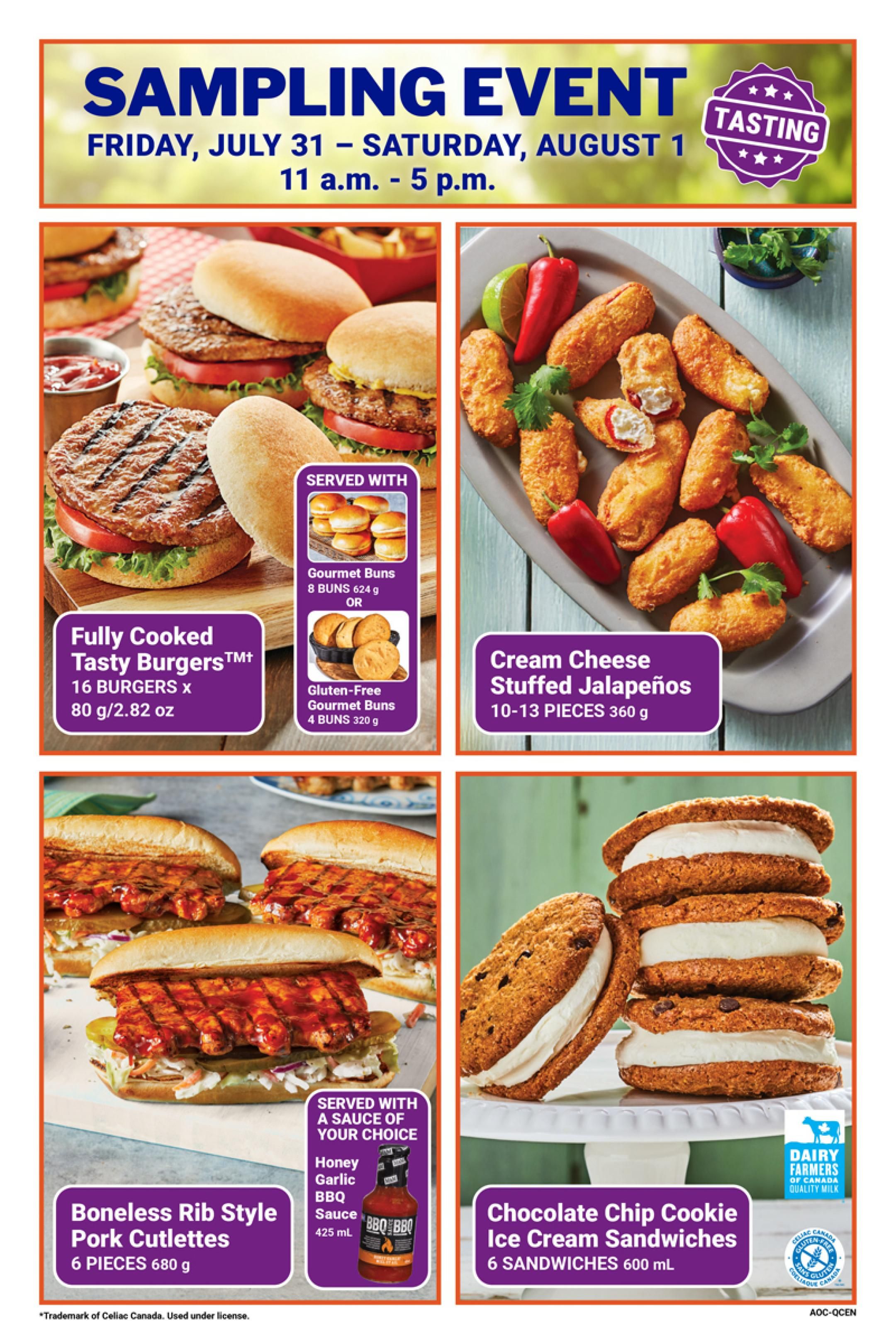 M&M Food Market flyer page 9 features a sampling event on Friday, July 31 to Saturday, August 1, from 11 a.m. to 5 p.m. Featured products include Fully Cooked Tasty Burgers, 16 burgers (80 g/2.82 oz), served with Gourmet Buns (8 buns, 624 g) or Gluten-Free Gourmet Buns (4 buns, 320 g). Also available are Cream Cheese Stuffed Jalapeños (10-13 pieces, 360 g). Additionally, Boneless Rib Style Pork Cutlettes (6 pieces, 680 g) are offered with a choice of sauce, including Honey Garlic BBQ Sauce (425 mL). Finally, Chocolate Chip Cookie Ice Cream Sandwiches (6 sandwiches, 600 mL) are showcased. A Dairy Farmers of Canada logo and Celiac Canada Gluten-Free certification are visible.