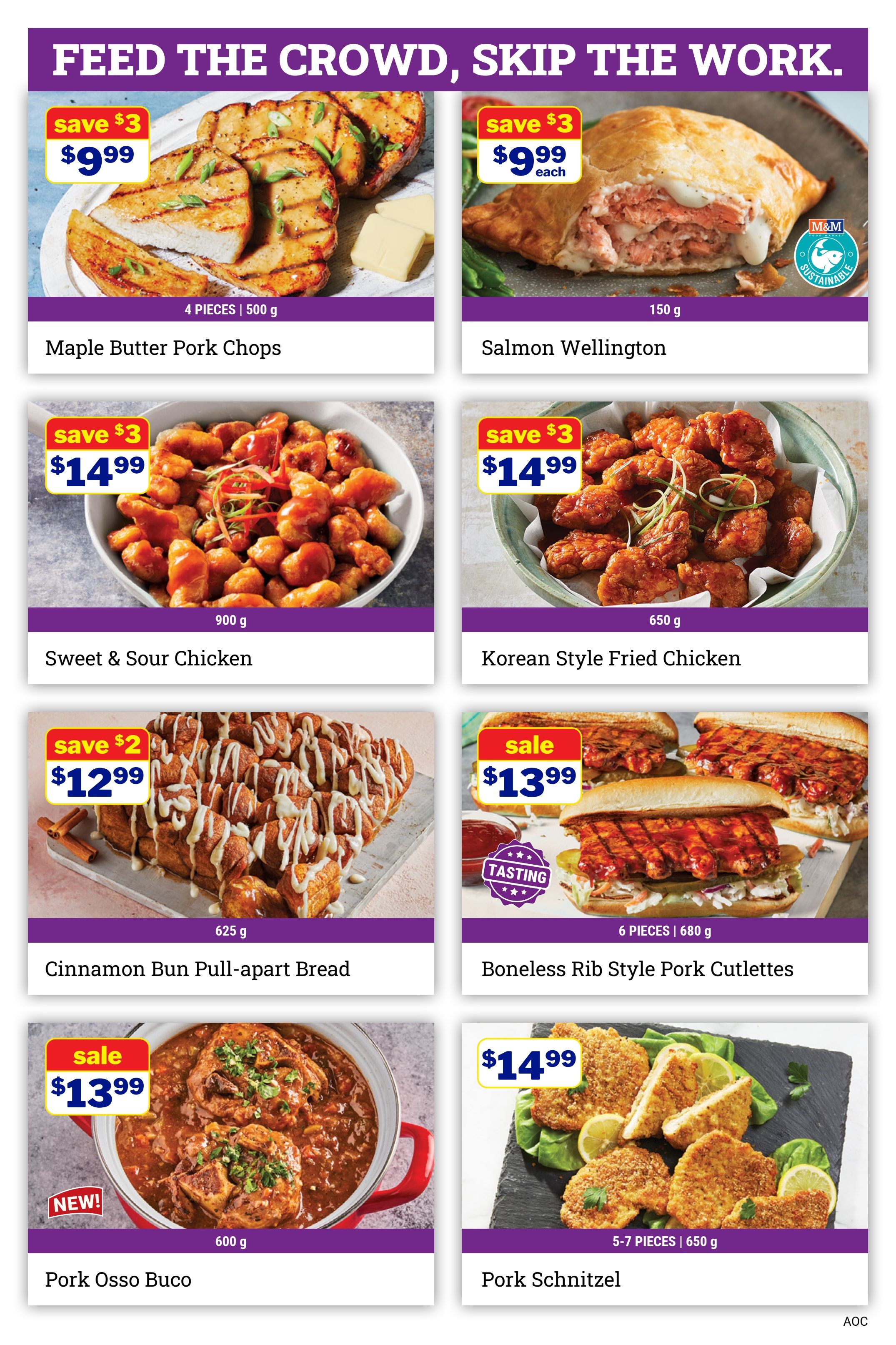 M&M Food Market weekly flyer specials page 12 features a variety of prepared meals and frozen foods. Top row: Maple Butter Pork Chops, 4 pieces, 500g, on sale for $9.99 (save $3), and Salmon Wellington, 150g, for $9.99 each (save $3). Middle row: Sweet & Sour Chicken, 900g, for $14.99 (save $3), and Korean Style Fried Chicken, 650g, for $14.99 (save $3). Bottom row: Cinnamon Bun Pull-apart Bread, 625g, on sale for $12.99 (save $2), Boneless Rib Style Pork Cutlettes, 6 pieces, 680g, on sale for $13.99, NEW Pork Osso Buco, 600g, on sale for $13.99, and Pork Schnitzel, 5-7 pieces, 650g, for $14.99.