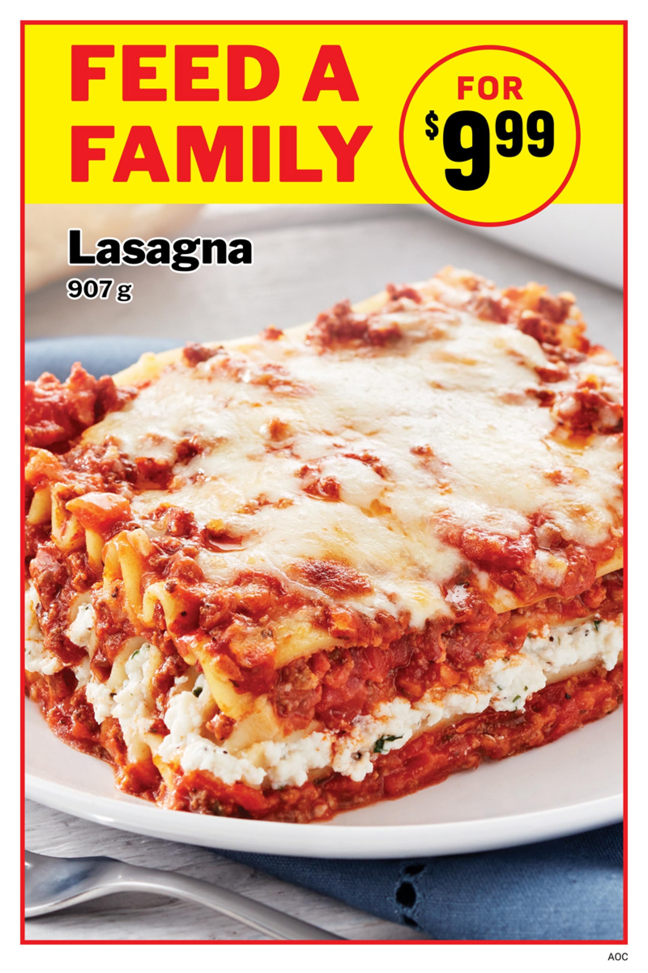 M&M Food Market flyer, page 14. Feature: Lasagna, 907 g, 'Feed a Family' special for $9.99.