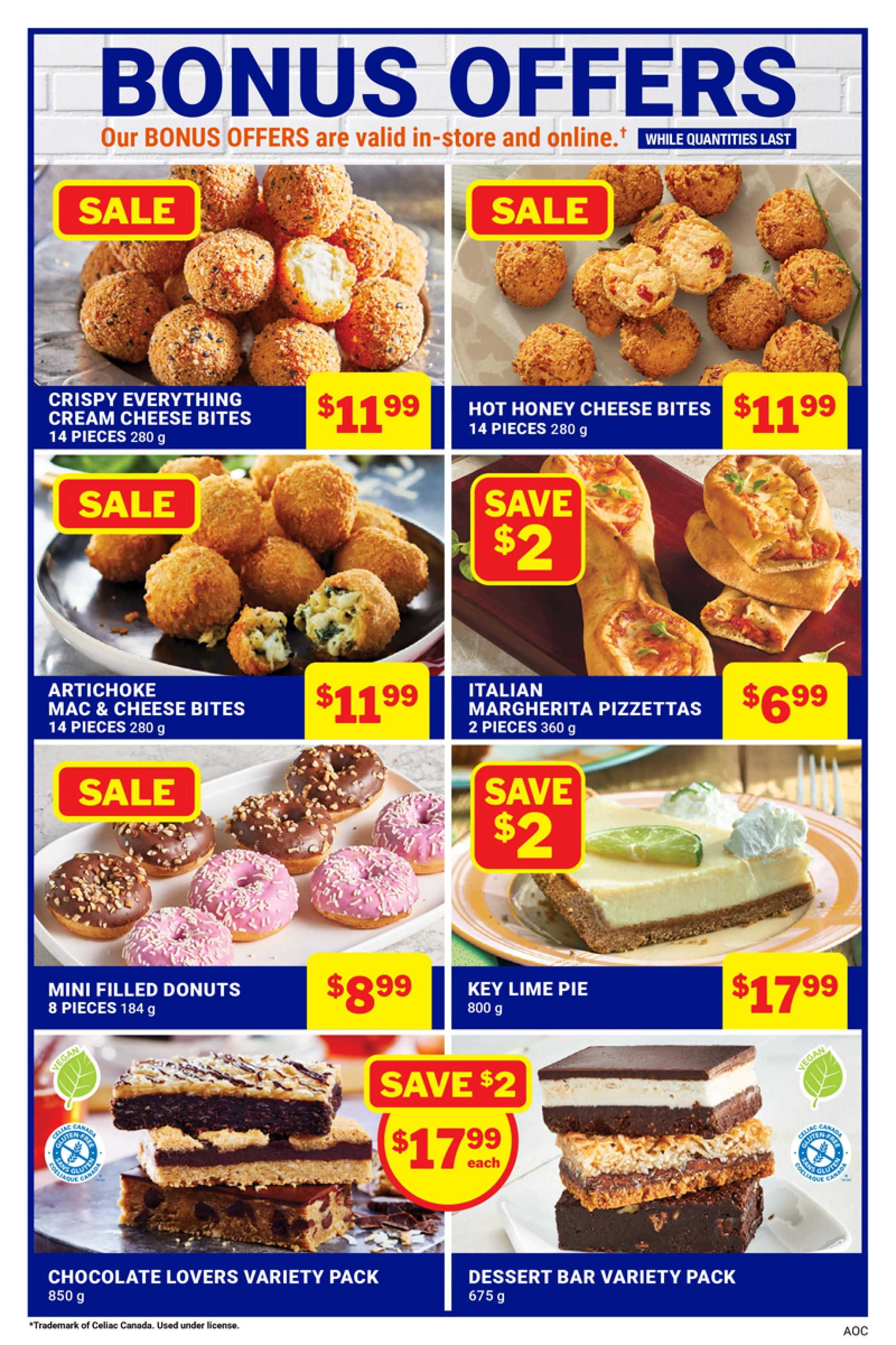M&M Food Market Bonus Offers page featuring Crispy Everything Cream Cheese Bites for $11.99, Hot Honey Cheese Bites for $11.99, Artichoke Mac & Cheese Bites for $11.99, and Italian Margherita Pizzettas (2 pieces, 360 g) on sale for $6.99 with a $2 savings. Also featured are Mini Filled Donuts (8 pieces, 184 g) for $8.99, Key Lime Pie (800 g) for $17.99, Chocolate Lovers Variety Pack (850 g) for $17.99 each with a $2 savings, and Dessert Bar Variety Pack (675 g) for $17.99 each with a $2 savings. The Chocolate Lovers Variety Pack is vegan and gluten-free. The Dessert Bar Variety Pack is vegan.