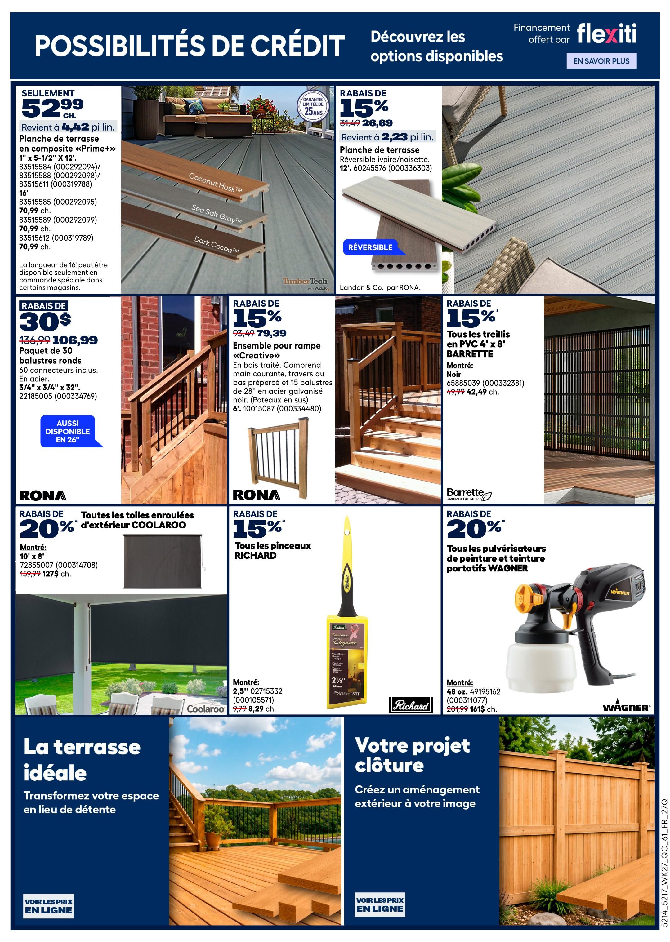 Rona weekly flyer specials page 9 features financing options with Flexiti. Deals include composite decking boards starting at $52.99, with a price of $4.42 per linear foot for 'Prime+' composite decking in 1' x 5-1/2' x 12' sizes, available in Coconut Husk, Sea Salt Gray, and Dark Cocoa. Also on sale is reversible ivory/hazelnut composite decking at 15% off, priced at $26.69, for 12' planks. Other offers include a 30% discount on round baluster packs for $106.99, a 15% discount on treated wood deck railing kits for $79.39, and 15% off Barrette 4' x 8' PVC trellises in black for $42.49. Rona offers 20% off all COOLAROO outdoor roller shades, with 10' x 8' shades priced at $127. Richard paint brushes are 15% off, and all WAGNER portable paint and stain sprayers are 20% off, with a 48 oz model for $161. The page also highlights 'The ideal terrace' and 'Your fence project' with calls to action to 'See prices online.