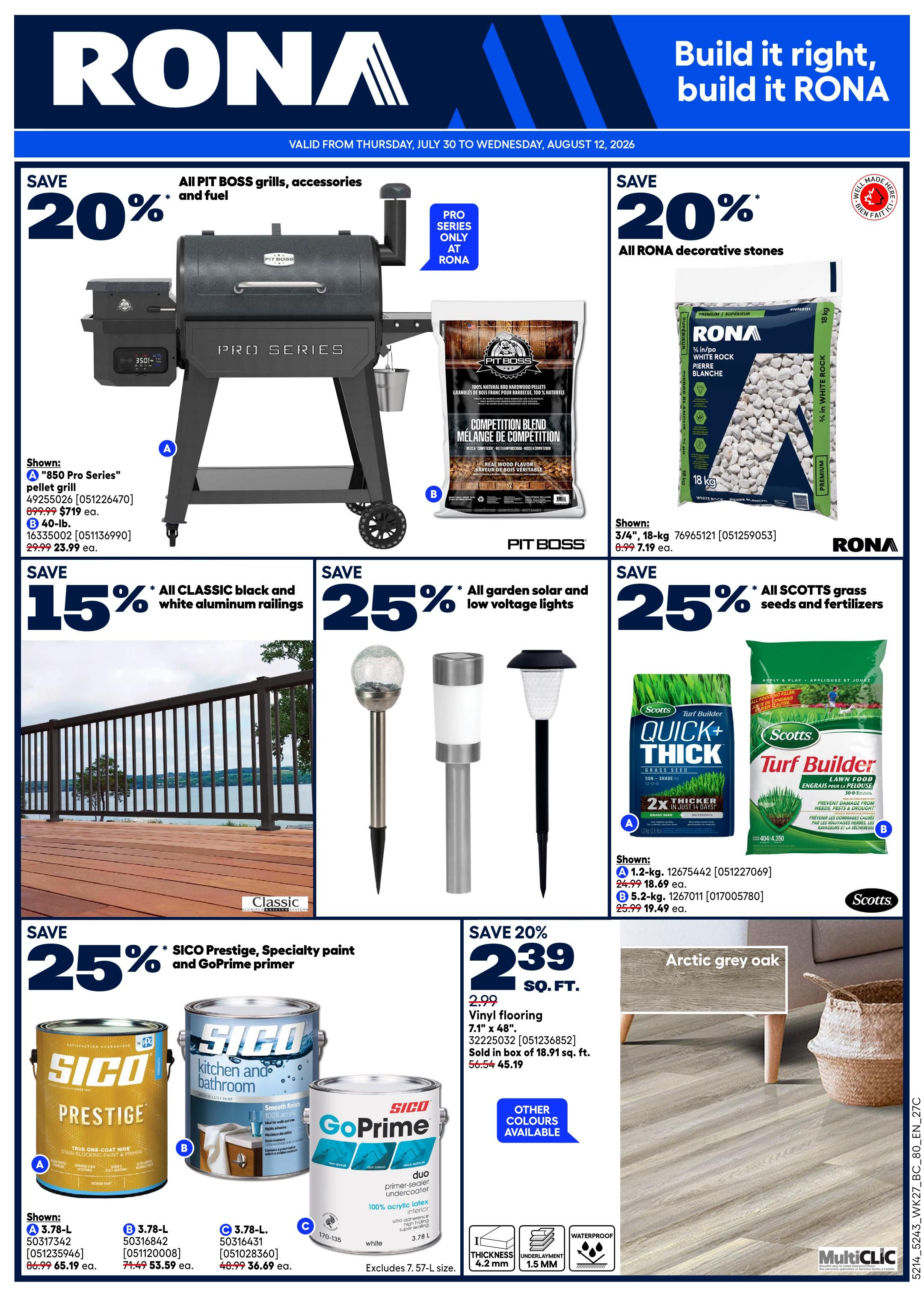 Rona flyer page 2 features savings on a variety of home improvement and outdoor products. Save 20% on all Pit Boss grills, accessories, and fuel, including the '850 Pro Series' pellet grill shown, originally $899.99, now $719. Save 20% on all Rona decorative stones, with 3/4' to 1' white rock (18 kg) on sale for $7.19, down from $8.99. Save 15% on all Classic black and white aluminum railings. Save 25% on all garden solar and low voltage lights. Save 25% on all Scotts grass seeds and fertilizers, including Scotts Turf Builder Quick+Thick grass seed (1.2 kg) for $18.69 (was $24.99) and Scotts Turf Builder lawn food (5.2 kg) for $19.49 (was $25.99). Save 25% on Sico Prestige specialty paint and GoPrime primer. Shown are 3.78-L Sico Prestige paint for $65.19 (was $86.99), 3.78-L Sico kitchen and bathroom paint for $53.59 (was $71.49), and 3.78-L Sico GoPrime primer for $36.69 (was $49.99). Also, save on Arctic grey oak vinyl flooring (7.1' x 48') for $2.39 per sq. ft., sold in boxes of 18.91 sq. ft. for $45.19, down from $56.54.54.54. Other colours are available for the flooring.
