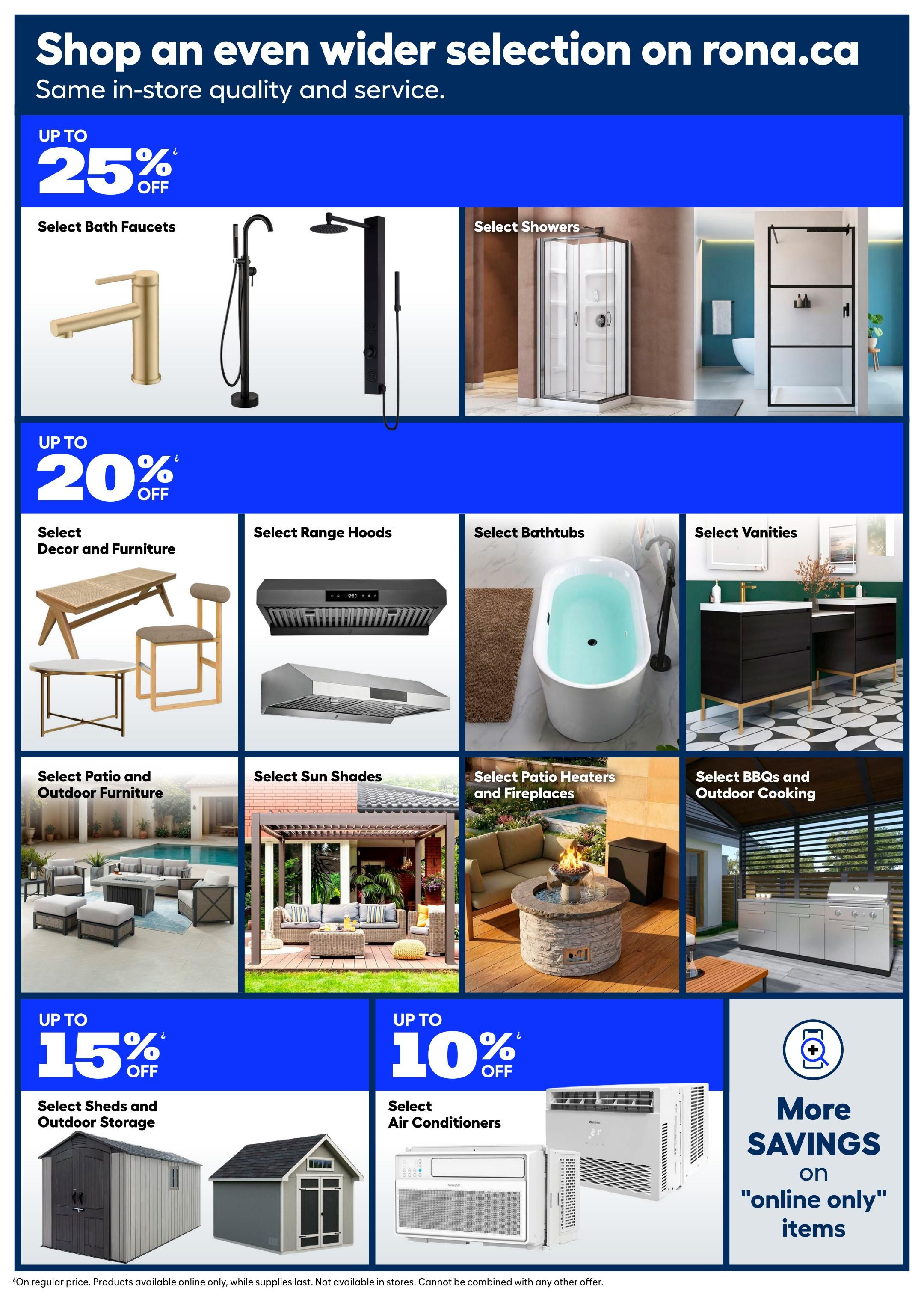 Rona flyer page 18 featuring 'Shop an even wider selection on rona.ca' with 'Same in-store quality and service.' Up to 25% off select Bath Faucets and select Showers. Up to 20% off select Decor and Furniture, select Range Hoods, select Bathtubs, and select Vanities. Also featured are select Patio and Outdoor Furniture, select Sun Shades, select Patio Heaters and Fireplaces, and select BBQs and Outdoor Cooking. Additionally, find up to 15% off select Sheds and Outdoor Storage, and up to 10% off select Air Conditioners. A section highlights 'More SAVINGS on 'online only' items.' The flyer notes that these offers are on regular price, products are available online only while supplies last, and cannot be combined with any other offer.