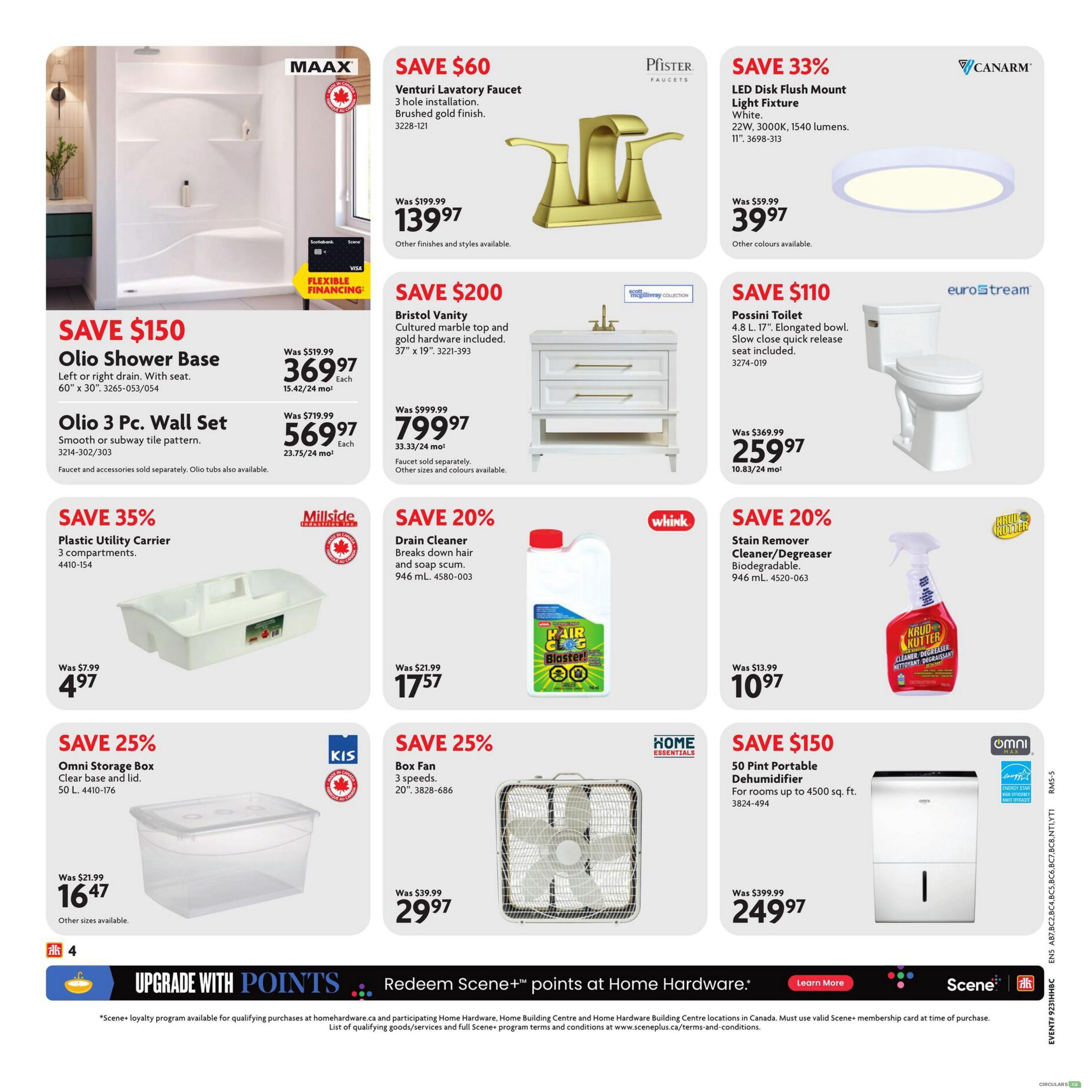 Home Hardware flyer page 5 features savings on home improvement and maintenance items. Save $150 on the MAAX Olio Shower Base, now $369.97, and save $200 on the Bristol Vanity with cultured marble top and gold hardware for $799.97. Get the Venturi Lavatory Faucet in brushed gold finish for $139.97, a $60 saving. Save 33% on a Canarm LED Disk Flush Mount Light Fixture, priced at $39.97. The Possini Toilet with an elongated bowl and slow-close seat is $110 off, selling for $259.97. Millside Industries offers a Plastic Utility Carrier with 3 compartments for $4.97, a 35% saving. Whink Drain Cleaner is 20% off at $17.57, and Krud Kutter Stain Remover Cleaner/Degreaser is also 20% off, priced at $10.97. Save 25% on an Omni Storage Box, 50 L, for $16.47, and a Home Essentials Box Fan, 20', for $29.97. Save $150 on a 50 Pint Portable Dehumidifier for rooms up to 4500 sq. ft., now $249.97. The bottom banner promotes upgrading with Scene+ points at Home Hardware.