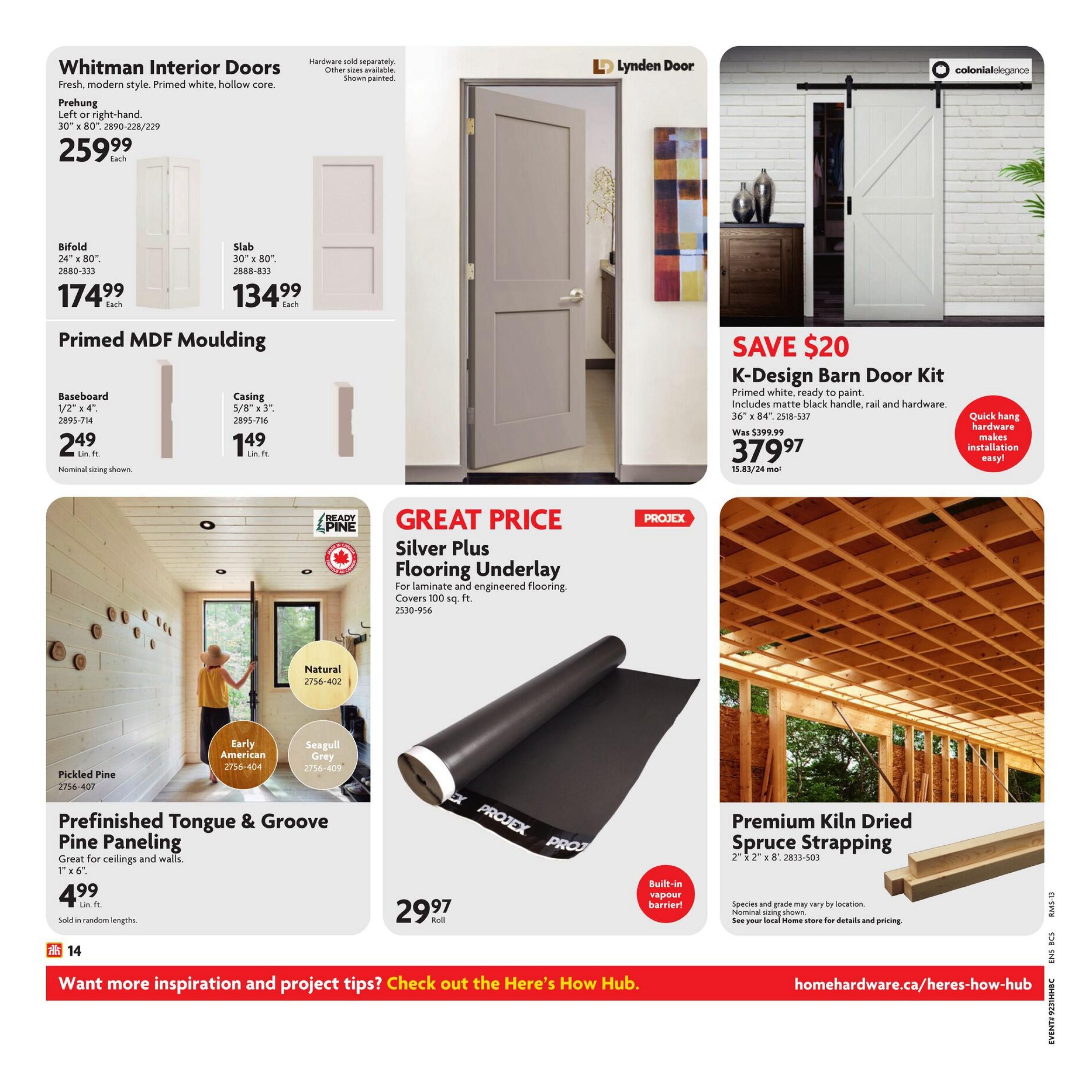 Home Hardware flyer page featuring Whitman Interior Doors, including a Prehung Left or right-hand door for $259.99, a Bifold door for $174.99, and a Slab door for $134.99. Also available are Primed MDF Moulding options: Baseboard at $2.49 lin. ft. and Casing at $1.49 lin. ft. The page highlights a K-Design Barn Door Kit for $379.97, saving $20, which includes a matte black handle, rail, and hardware. Additionally, find Prefinished Tongue & Groove Pine Paneling in Pickled Pine, Early American, and Seagull Grey finishes for $4.99 lin. ft. Great Price on Projex Silver Plus Flooring Underlay for laminate and engineered flooring, covering 100 sq. ft., is available for $29.97 per roll with a built-in vapour barrier. Premium Kiln Dried Spruce Strapping, 2' x 2' x 8', is also featured. The page includes a call to action to visit homehardware.ca/heres-how-hub for more inspiration and project tips.