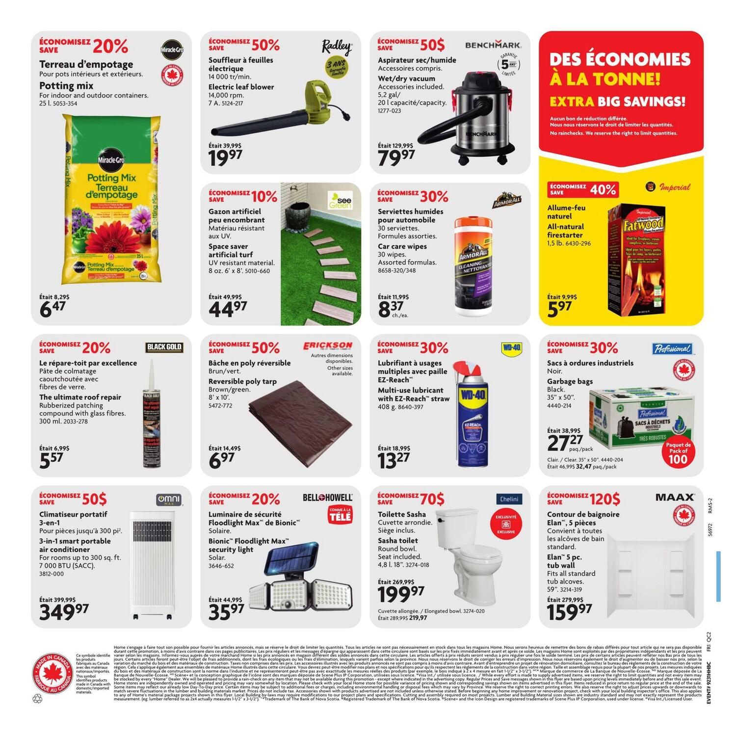 Home Hardware flyer, page 2. Features a 20% saving on Miracle-Gro Potting Mix for indoor and outdoor containers, 25 L, for $6.47. Also, save 50% on an electric leaf blower, 14,000 rpm, for $19.97. A Benchmark wet/dry vacuum, 5.2 gal/20 L capacity, is 50% off at $79.97. Save 10% on space saver artificial turf, UV resistant material, 8 oz. 6' x 8', for $44.97. Car care wipes, 30 wipes, assorted formulas, are 30% off at $8.37 each. Imperial Fatwood natural firestarter, 1.5 lb., is 40% off for $5.97. Black Gold the ultimate roof repair rubberized patching compound with glass fibres, 300 ml, is 20% off for $5.57. Erickson reversible poly tarp, brown/green, 8' x 10', is 50% off for $6.97. WD-40 multi-use lubricant with straw is 30% off for $13.27. Professional garbage bags, black, 35' x 50', 100 pack, are 30% off for $27.27 per pack. Omni Max 3-in-1 smart portable air conditioner for rooms up to 300 sq. ft., 7,000 BTU, is 50% off for $349.97. Bell+Howell Bionic Floodlight Max security light, solar-powered, is 20% off for $35.97. Chelini Sasha toilet, round bowl, seat included, is 70% off for $199.97. MAAX Elan 5-piece tub wall, fits all standard tub alcoves, 59', is 120$ off for $159.97.