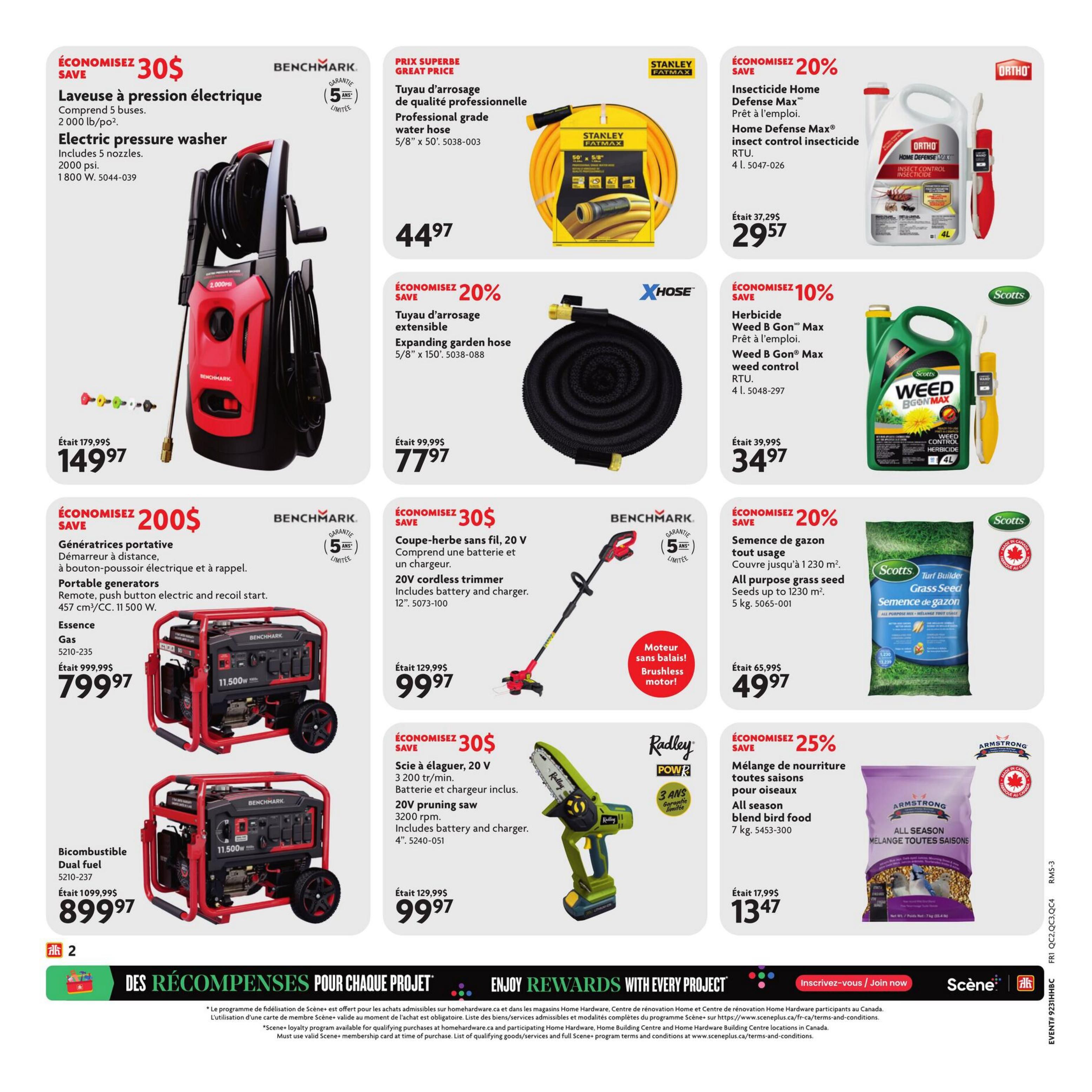 Home Hardware flyer page 3 featuring various home and garden products. Save $30 on a Benchmark electric pressure washer with 2000 psi, includes 5 nozzles, for $149.97. Save $200 on a Benchmark portable generator, 11,500W, dual fuel, for $799.97. Save $30 on a Benchmark 20V cordless trimmer with battery and charger, 12' cutting width, for $99.97. Save $30 on a Radley 20V pruning saw, 3200 rpm, includes battery and charger, 4' bar, for $99.97. Also featured is a Stanley Fatmax professional grade water hose, 5/8' x 50', for $44.97. Save 20% on Ortho Home Defense Max insect control insecticide RTU, 4L, for $29.57. Save 10% on Scotts Weed B Gon Max weed control RTU for $34.97. Save 20% on Scotts All purpose grass seed, covers up to 1230 sq. ft., 5 kg, for $49.97. Save 25% on Armstrong All season blend bird food, 7 kg, for $13.47. The bottom of the page highlights 'Enjoy Rewards with Every Project' and Scene+ loyalty program information.