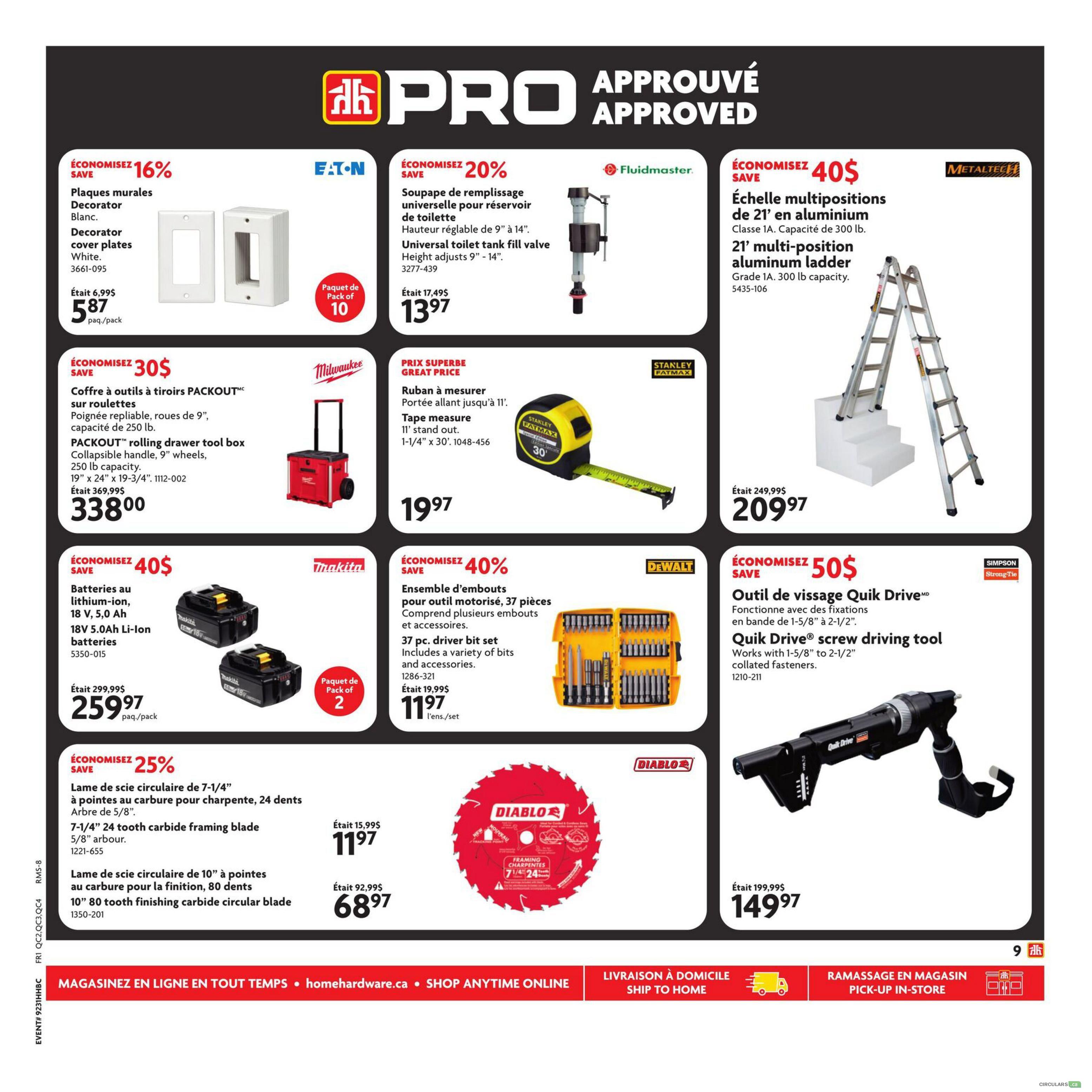 Home Hardware flyer page 10 featuring various tools and hardware. Save 16% on Eaton Decorator white wall plates, pack of 10, for $5.87. Save 20% on a Fluidmaster universal toilet tank fill valve, adjustable 9'-14', for $13.97. Save 40$ on a Metaltech 21' multi-position aluminum ladder, Grade 1A, 300 lb capacity, for $209.97. Save 30$ on a Milwaukee PACKOUT rolling drawer tool box with collapsable handle, 9' wheels, 250 lb capacity, measuring 19' x 24' x 19-3/4', for $338.00. Save 40$ on Makita 18V 5.0Ah Li-ion batteries, pack of 2, for $259.97. Great Price on a Stanley Fatmax tape measure, 11' stand out, 1-1/4' x 30', for $19.97. Save 40% on a DeWalt 37-piece driver bit set with accessories, for $11.97 per set. Save 50$ on a Simpson Strong-Tie Quik Drive screw driving tool, works with 1-5/8' to 2-1/2' collated fasteners, for $149.97. Save 25% on a Diablo 7-1/4' 24-tooth carbide framing blade for 5/8' arbor, for $11.97. Also, a Diablo 10' 80-tooth finishing carbide circular blade is available for $68.97. The bottom banner advertises shopping online anytime at homeware.ca, with home delivery and in-store pick-up options.