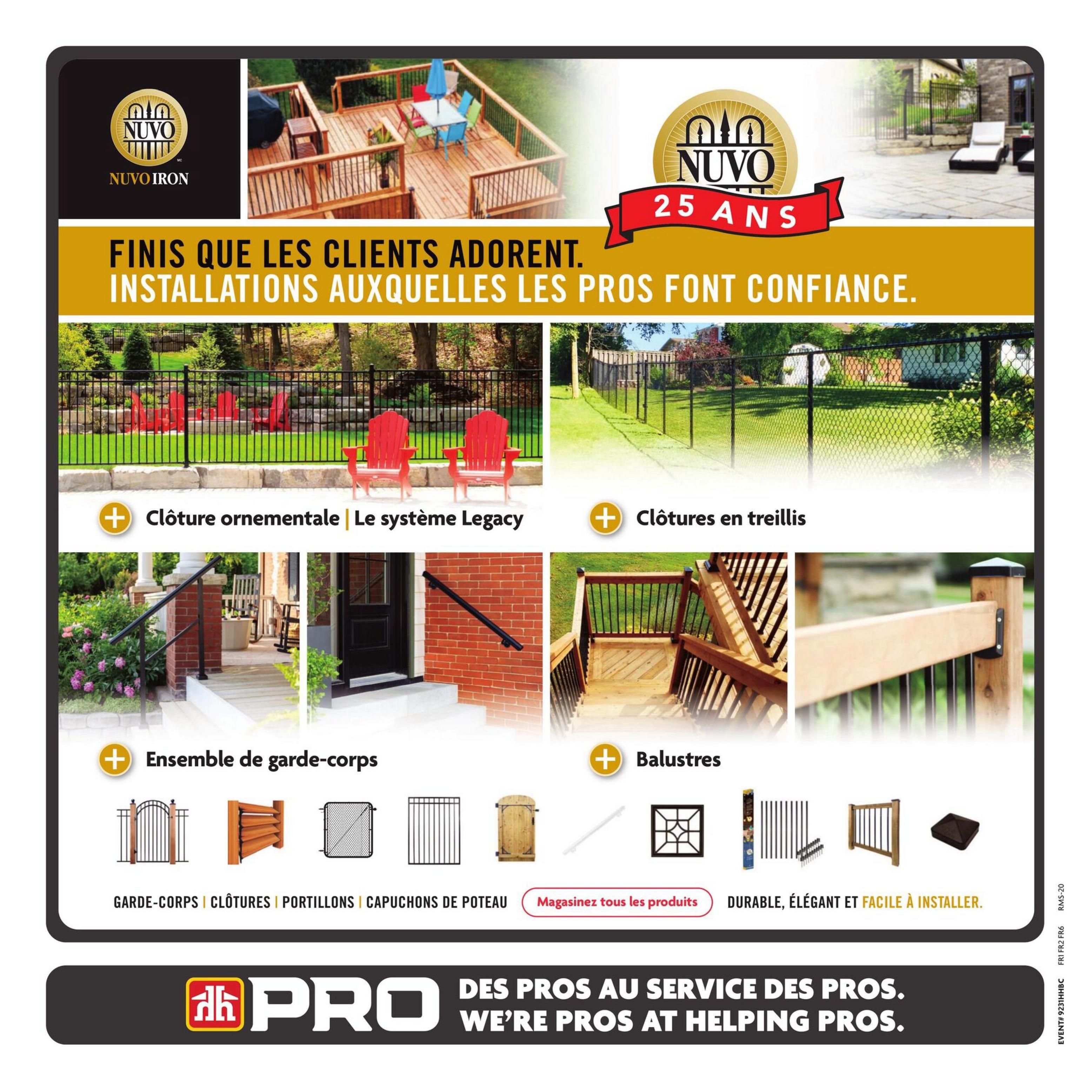 Home Hardware flyer page showcasing Nuvo Iron products for 25 years. Features ornamental fencing with the Legacy system, chain link fencing, railing systems, and balusters. Includes images of decks, patios, fences, and railings. Also displays various fencing components like posts, caps, and gates. The page highlights durable, elegant, and easy-to-install solutions. The bottom section features the PRO logo with the tagline 'Des pros au service des pros. We're pros at helping pros.'