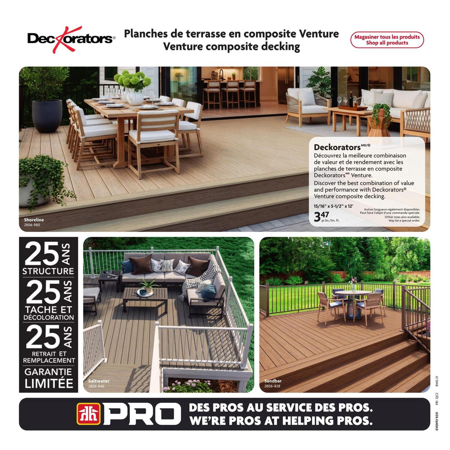 Home Hardware flyer page 12 showcasing Deckorators Venture composite decking. Features Shoreline decking (2806-980) and Saltwater decking (2806-846). Also shows Sandbar decking (2806-838). The decking offers 25-year structure warranty and 25-year stain and fade limited warranty. Deckorators Venture composite decking is priced at $3.47 per linear foot for 15/16' x 5-1/2' x 12' boards. Other sizes are available by special order. The page also includes the PRO tagline: 'Des pros au service des pros. We're pros at helping pros.