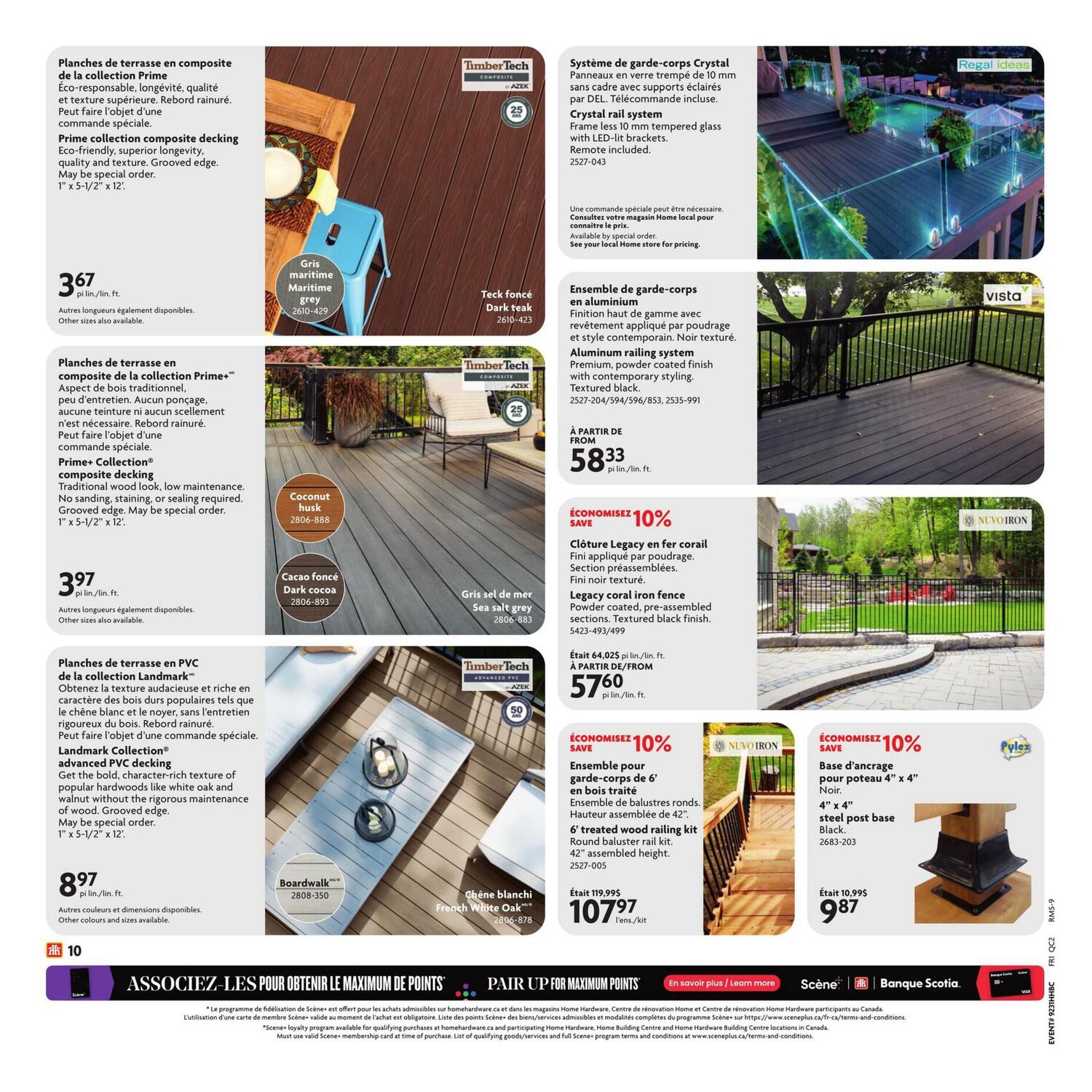 Home Hardware flyer page 13 featuring various decking and railing options. Prime collection composite decking in Maritime grey is available for $3.67 per linear foot. Prime+ Collection composite decking in Coconut husk and Dark cocoa is $3.97 per linear foot. Landmark Collection advanced PVC decking in French White Oak is $8.97 per linear foot. Crystal railing system with 10 mm tempered glass and LED-lit brackets is available by special order. Aluminum railing system in textured black is from $58.33 per linear foot. Legacy coral iron fence sections are 10% off, priced at $57.60 per linear foot. A 6' treated wood railing kit with round baluster rail and 42' assembled height is 10% off, priced at $107.97 per kit. A 4' x 4' steel post base in black is 10% off, priced at $9.87. The bottom of the page promotes 'Pair Up for Maximum Points' with Scene+ and Scotiabank.