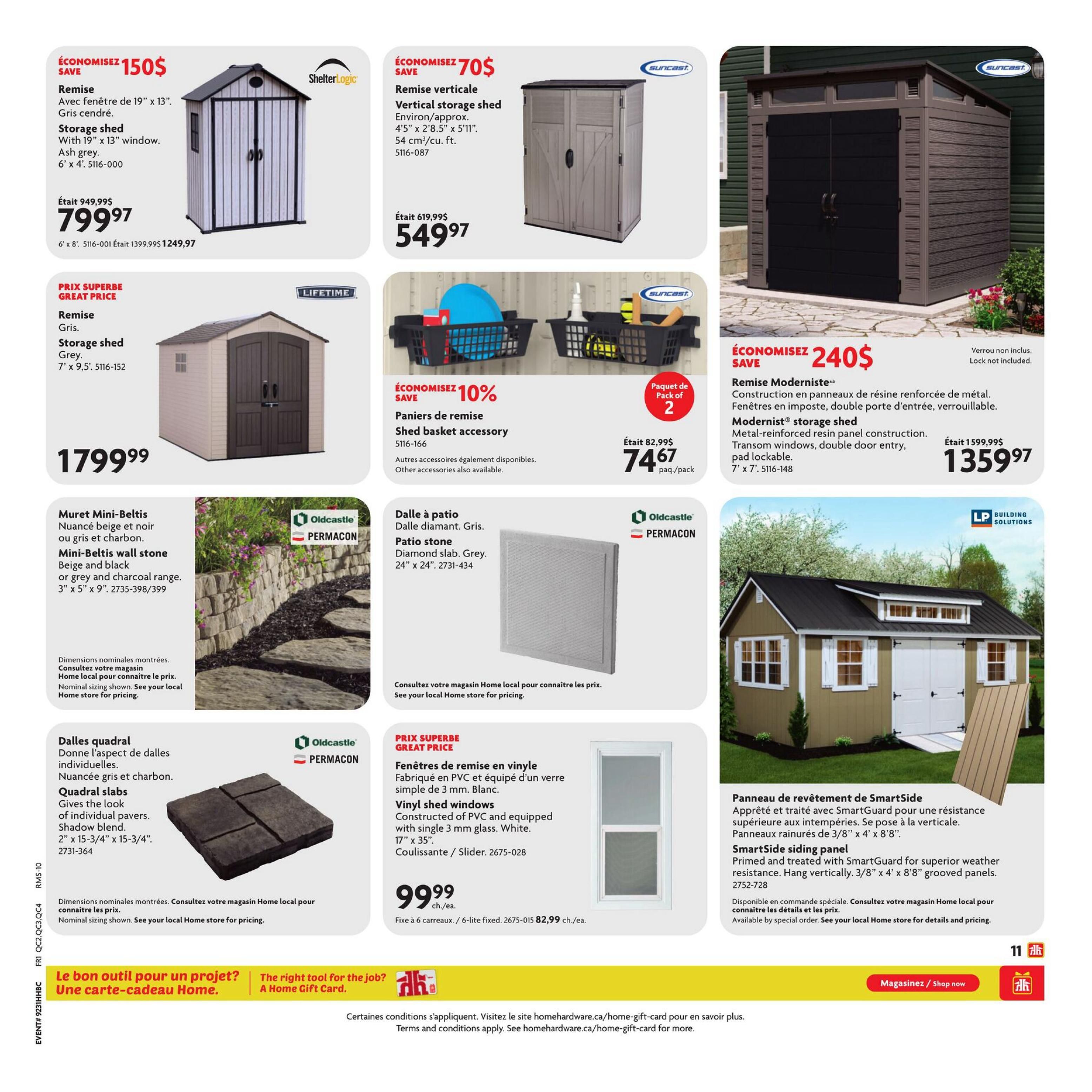 Home Hardware flyer page 14 features various home improvement and outdoor storage solutions. Top left: ShelterLogic storage shed with a 19' x 13' window in ash grey, measuring 6' x 4', on sale for $79.97 (originally $949.99, saving $150). Below that, a Lifetime storage shed in grey, 7' x 9.5', is priced at $179.99. In the middle, Suncast vertical storage sheds are on sale for $54.97 (originally $619.99, saving $70), with dimensions of 4'5' x 2'8.5' x 5'11'. Also featured is a 10% discount on shed basket accessories, with a 2-pack available for $74.67 (originally $82.99). To the right, a large Modernist storage shed with metal-reinforced resin panel construction, transom windows, and a double door entry is available for $1359.97 (originally $1599.99, saving $240). Below the vertical shed, Oldcastle Permacon Diamond stone patio slabs in grey, measuring 24' x 24', are shown. Further down, Oldcastle Permacon Shadow Blend quadral slabs, designed to look like individual pavers, measuring 2' x 15-3/4' x 15-3/4', are displayed. On the bottom right, LP Building Solutions SmartSide siding panels, primed and treated for weather resistance, measuring 3/8' x 4' x 8'8', are available by special order. The bottom banner promotes Home Gift Cards.