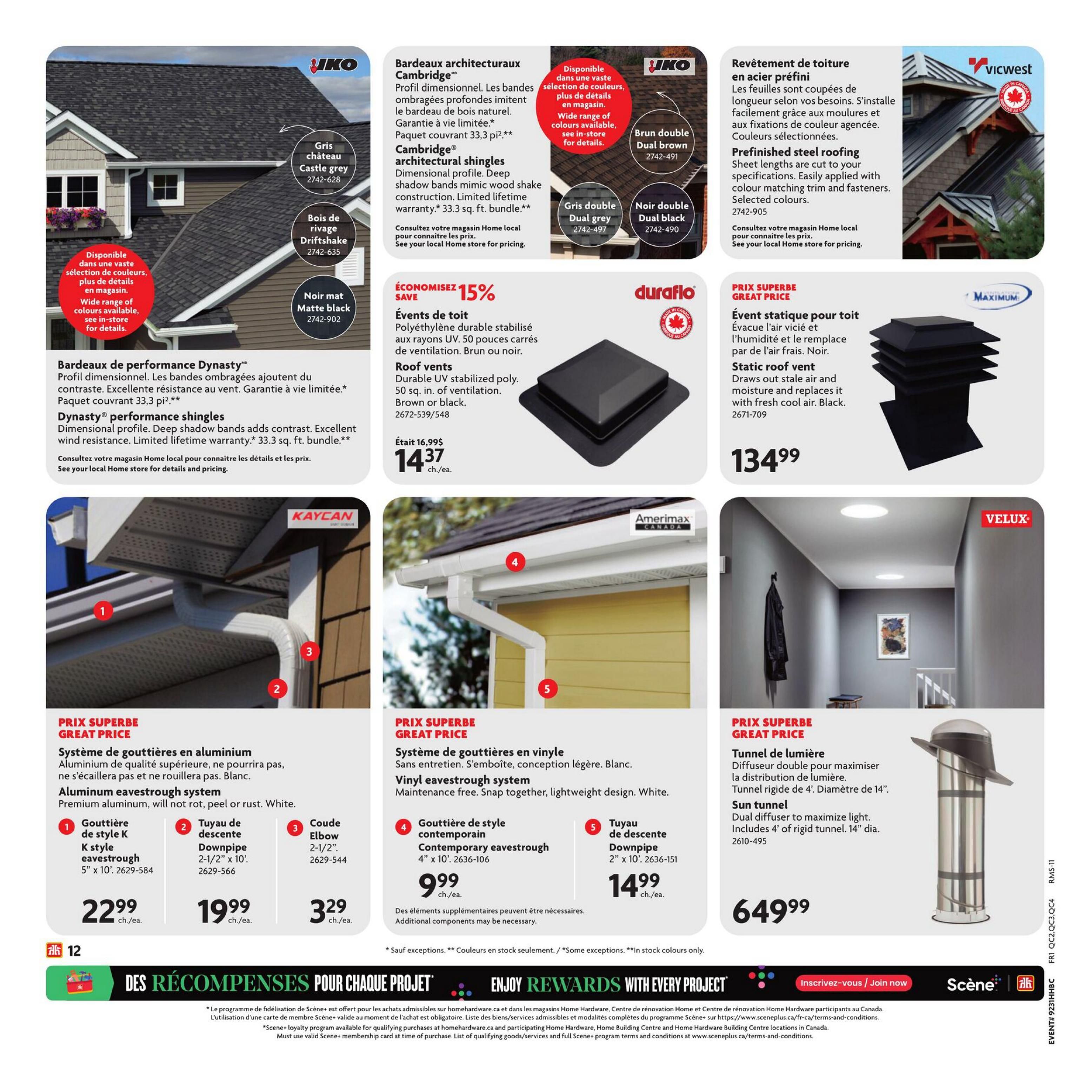 Home Hardware flyer page 15 features roofing and eavestroughing products. Top section showcases IKO Cambridge architectural shingles in Castle Grey, Driftshake, and Matte Black, with limited lifetime warranty and 33.3 sq. ft. bundle. Also featured are Duraflo roof vents for $14.37 and Vicwest prefinished steel roofing. A large image displays a Sun tunnel for $649.99. The bottom section highlights Kaycan aluminum eavestrough system with K style eavestrough for $22.99, 2-1/2' x 10' downpipe for $19.99, and 2-1/2' elbow for $3.29. Amerimax Canada vinyl eavestrough system includes contemporary eavestrough for $9.99 and 2' x 10' downpipe for $14.99. A 'Scene+' loyalty program promotion is also visible.