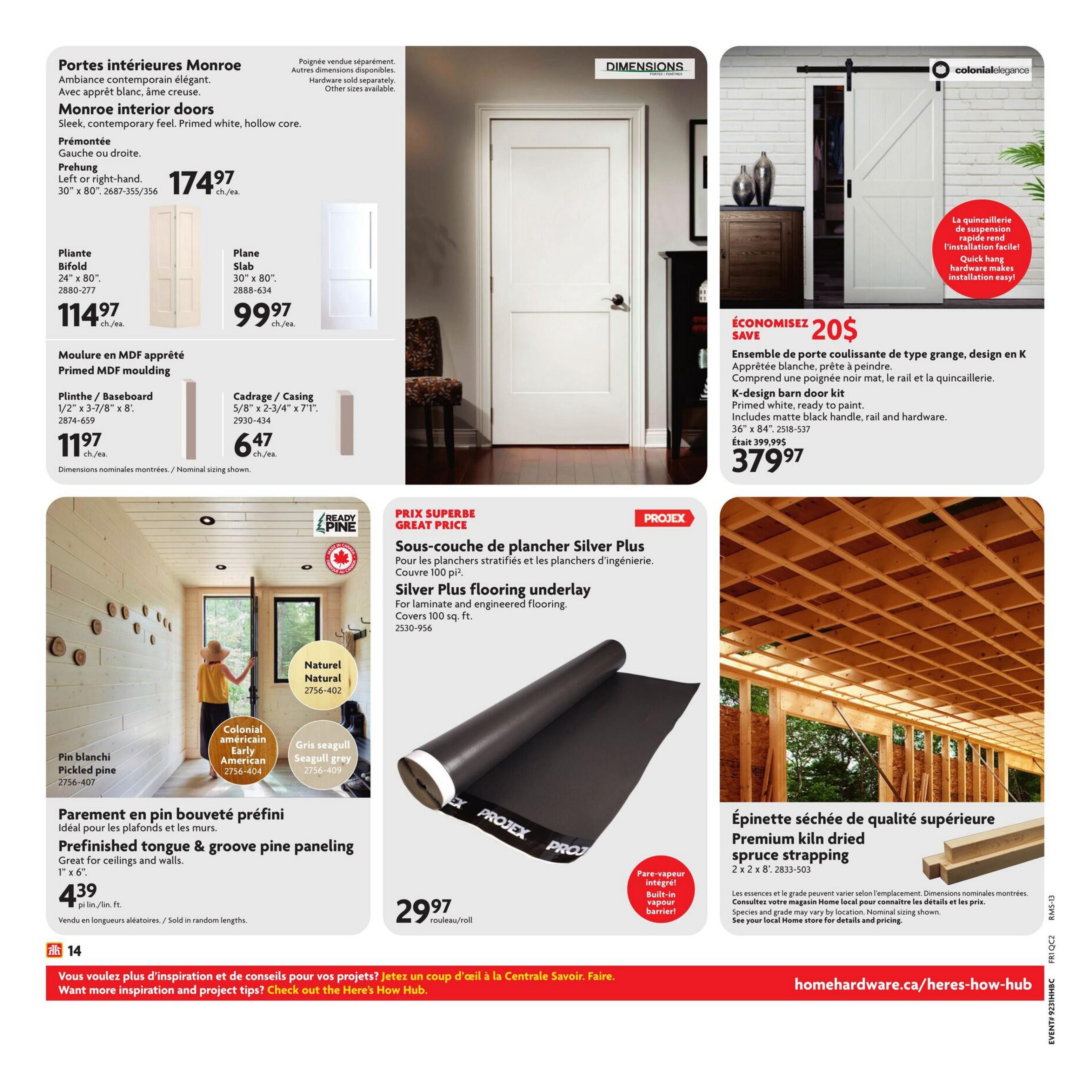 Home Hardware flyer page featuring interior doors, moulding, paneling, flooring underlay, and lumber. Monroe interior doors are available in prehung left or right-hand for $174.97 and bifold for $114.97. Slab doors are $99.97. Primed MDF moulding is $11.97 for baseboard and $6.47 for casing. Prefinished tongue & groove pine paneling in pickled pine is $4.39 per linear foot. Projex Silver Plus flooring underlay for laminate and engineered flooring covers 100 sq. ft. and costs $29.97 per roll. A K-design barn door kit, including matte black handle, rail, and hardware, is on sale for $379.97, down from $399.99. Premium kiln dried spruce strapping, 2x2x8', is also featured. The page also includes a call to action to visit homehardware.ca/heres-how-hub for inspiration and project tips.