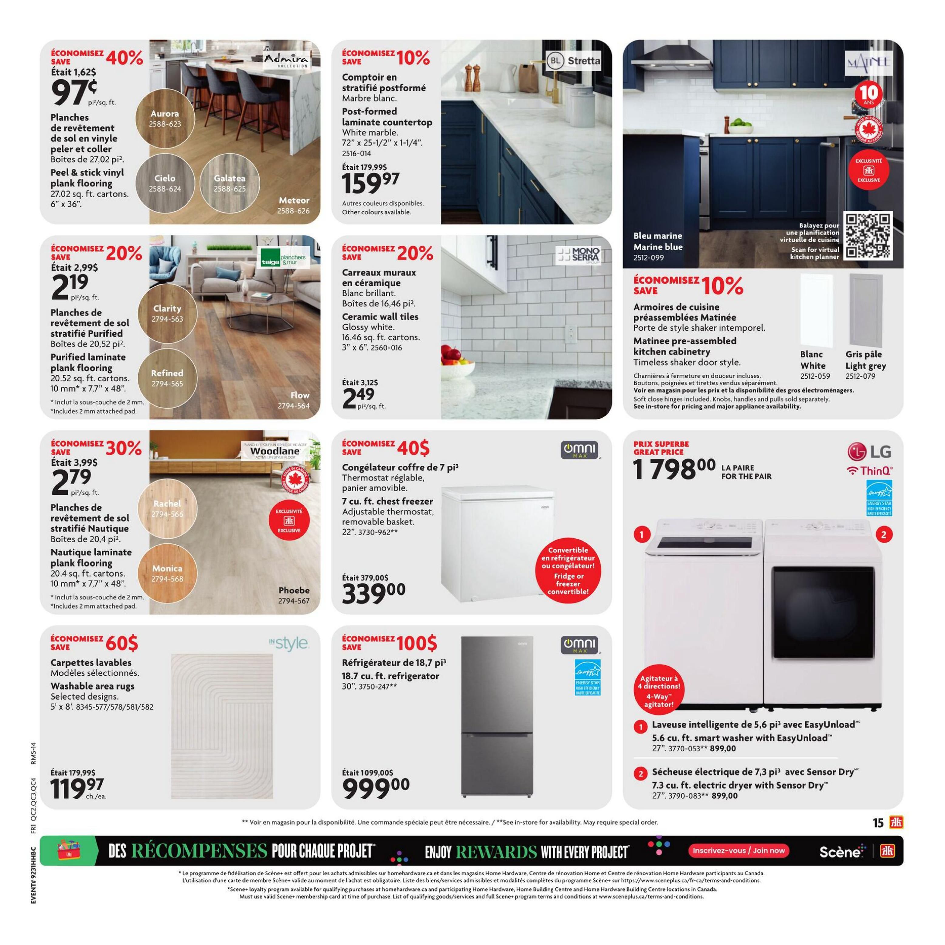 Home Hardware flyer page 18 featuring various home improvement and appliance deals. Save 40% on Aurora, Cielo, Galatea, and Meteor peel & stick vinyl plank flooring at $0.97/sq. ft. Save 20% on Purified laminate plank flooring at $2.19/sq. ft. and on glossy white ceramic wall tiles at $2.49/sq. ft. Save 30% on Nautique laminate plank flooring at $2.79/sq. ft. featuring Rachel, Monica, and Phoebe styles. Save $60 on washable area rugs, selected designs, 5' x 8', for $119.97 each. Get a post-formed laminate countertop in white marble for $159.97, save 10%. Save 10% on Matinee pre-assembled kitchen cabinetry in timeless shaker door style. Also featured is a 7 cu. ft. chest freezer for $339.00, save 40%, and an 18.7 cu. ft. refrigerator for $999.00, save $100. Finally, save on LG appliances: a 5.6 cu. ft. smart washer for $899.00 and a 7.3 cu. ft. electric dryer for $899.00.