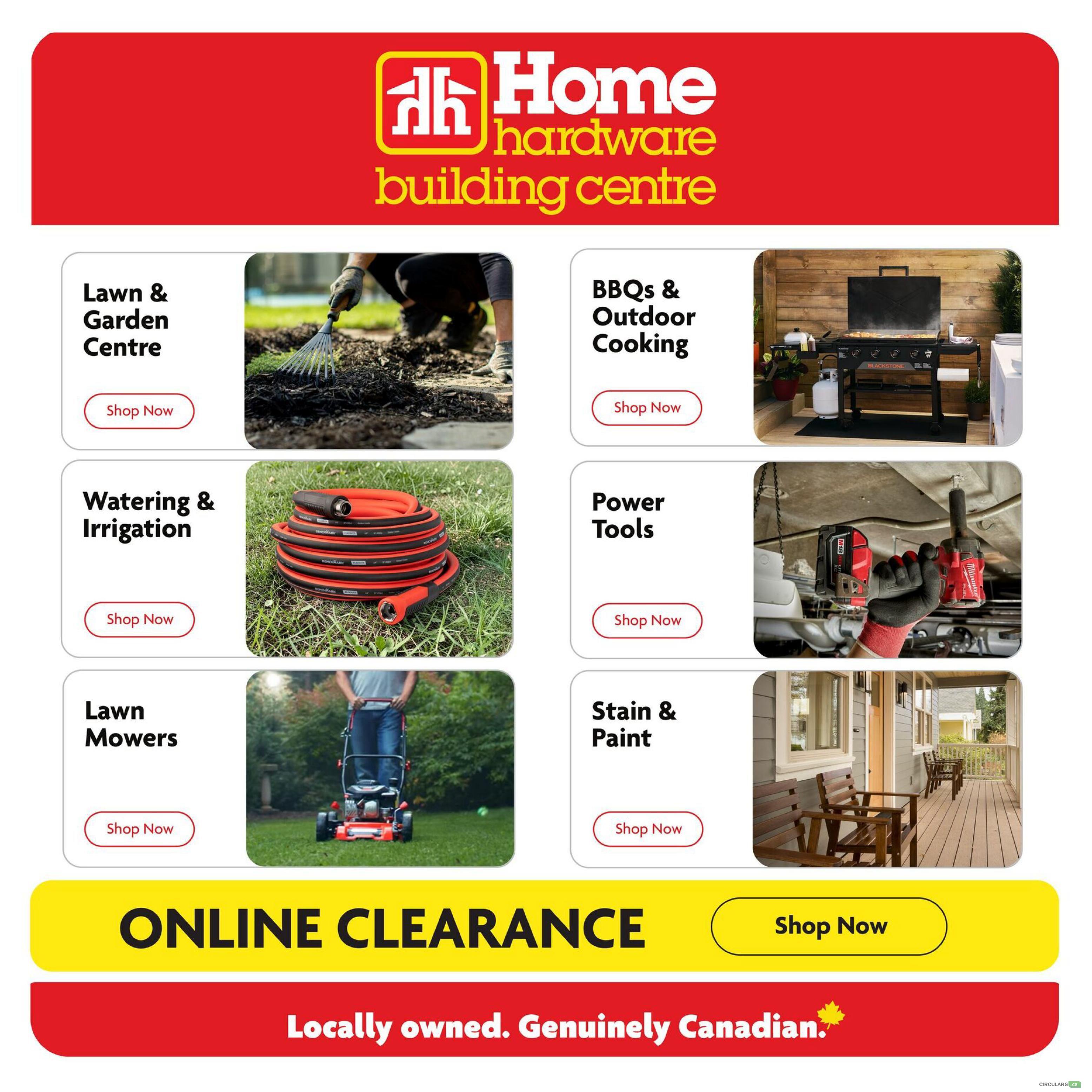 Home Hardware Building Centre flyer page 20 featuring sections for Lawn & Garden Centre, BBQs & Outdoor Cooking, Watering & Irrigation, Power Tools, Lawn Mowers, and Stain & Paint. Each section includes a 'Shop Now' button. Below these sections, there is a prominent yellow banner announcing 'ONLINE CLEARANCE' with a 'Shop Now' button. The bottom of the page displays the slogan 'Locally owned. Genuinely Canadian.' with a maple leaf graphic.