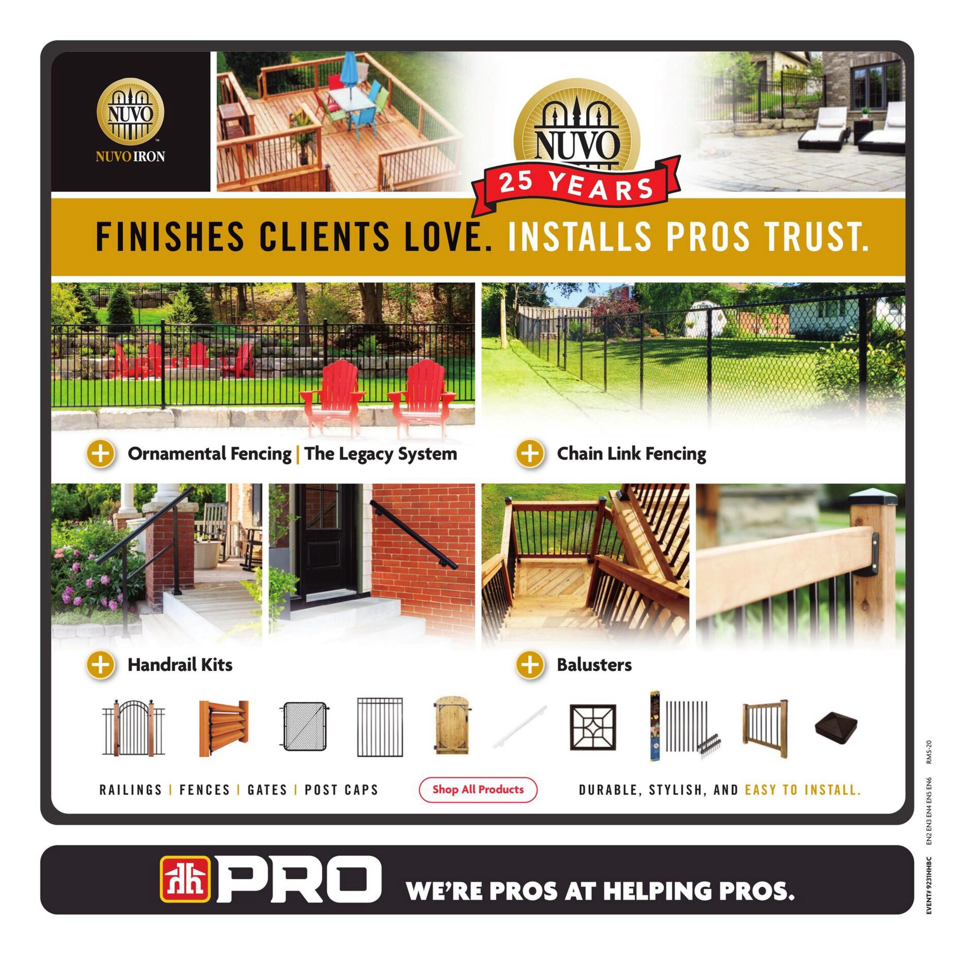 Home Hardware flyer page featuring Nuvo Iron products. The page highlights 'Finishes Clients Love. Installs Pros Trust.' and showcases various fencing and railing solutions. Sections include Ornamental Fencing - The Legacy System, Chain Link Fencing, Handrail Kits, and Balusters. Various styles of railings, fences, gates, and post caps are displayed, along with baluster options. The page also features images of a wooden deck, a backyard with ornamental fencing and red chairs, and a chain link fence. A banner at the bottom reads 'PRO WE'RE PROS AT HELPING PROS.
