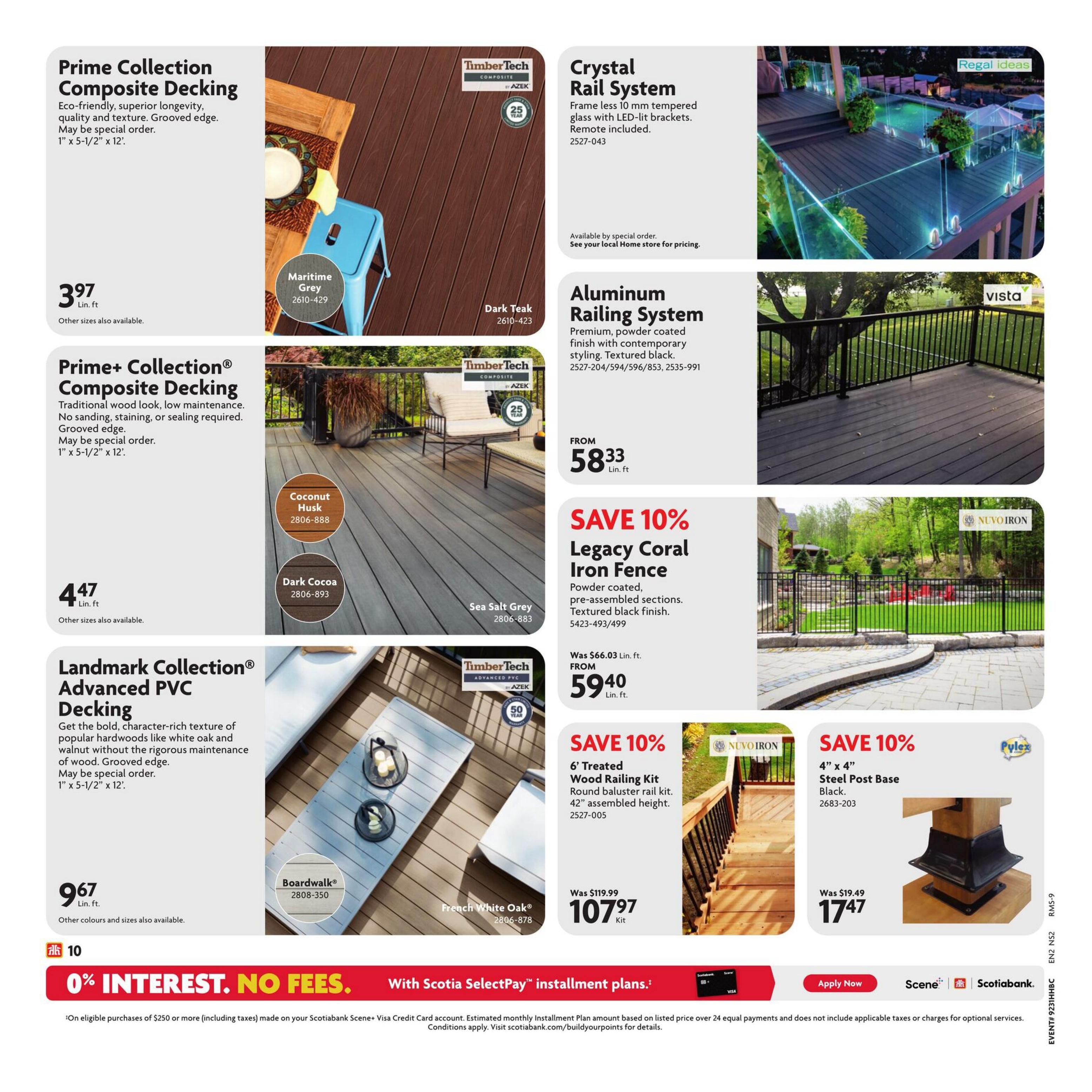 Home Hardware Atlantic flyer, page 13. Features Prime Collection Composite Decking in Maritime Grey for $3.97 lin. ft. and Dark Teak for $3.97 lin. ft. Also available is Prime+ Collection Composite Decking in Coconut Husk for $4.47 lin. ft. and Dark Cocoa for $4.47 lin. ft. Landmark Collection Advanced PVC Decking in French White Oak is $9.67 lin. ft. Crystal Rail System with LED-lit brackets is available by special order. Aluminum Railing System in textured black is from $58.33 lin. ft. Save 10% on a 6' Treated Wood Railing Kit, round baluster rail, 42' assembled height, now $107.97 kit (was $119.99). Save 10% on a 4' x 4' Steel Post Base in black, now $17.47 (was $19.49). The bottom of the page highlights 0% interest, no fees with Scotiabank Scene+ Visa Credit Card installment plans on eligible purchases of $250 or more.