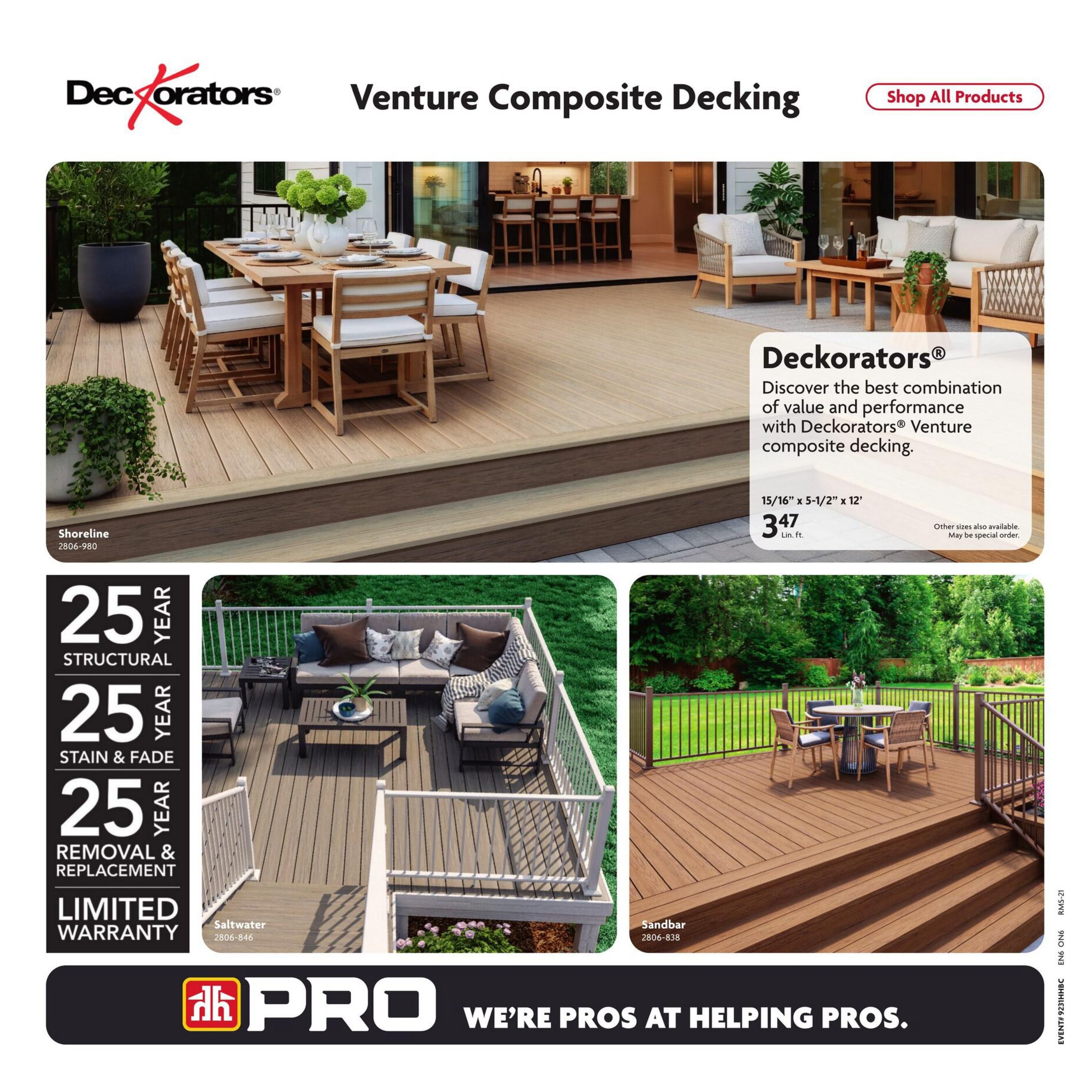 Home Hardware flyer page featuring Deckorators Venture Composite Decking. The page showcases different decking styles including Shoreline and Sandbar. Prices are available for 15/16' x 5-1/2' x 12' decking at $3.47 lin. ft. with other sizes available by special order. The decking comes with a 25-year structural warranty and a 25-year stain and fade warranty, along with a limited warranty for removal and replacement. The bottom of the page displays the PRO logo and the tagline 'We're pros at helping pros.'