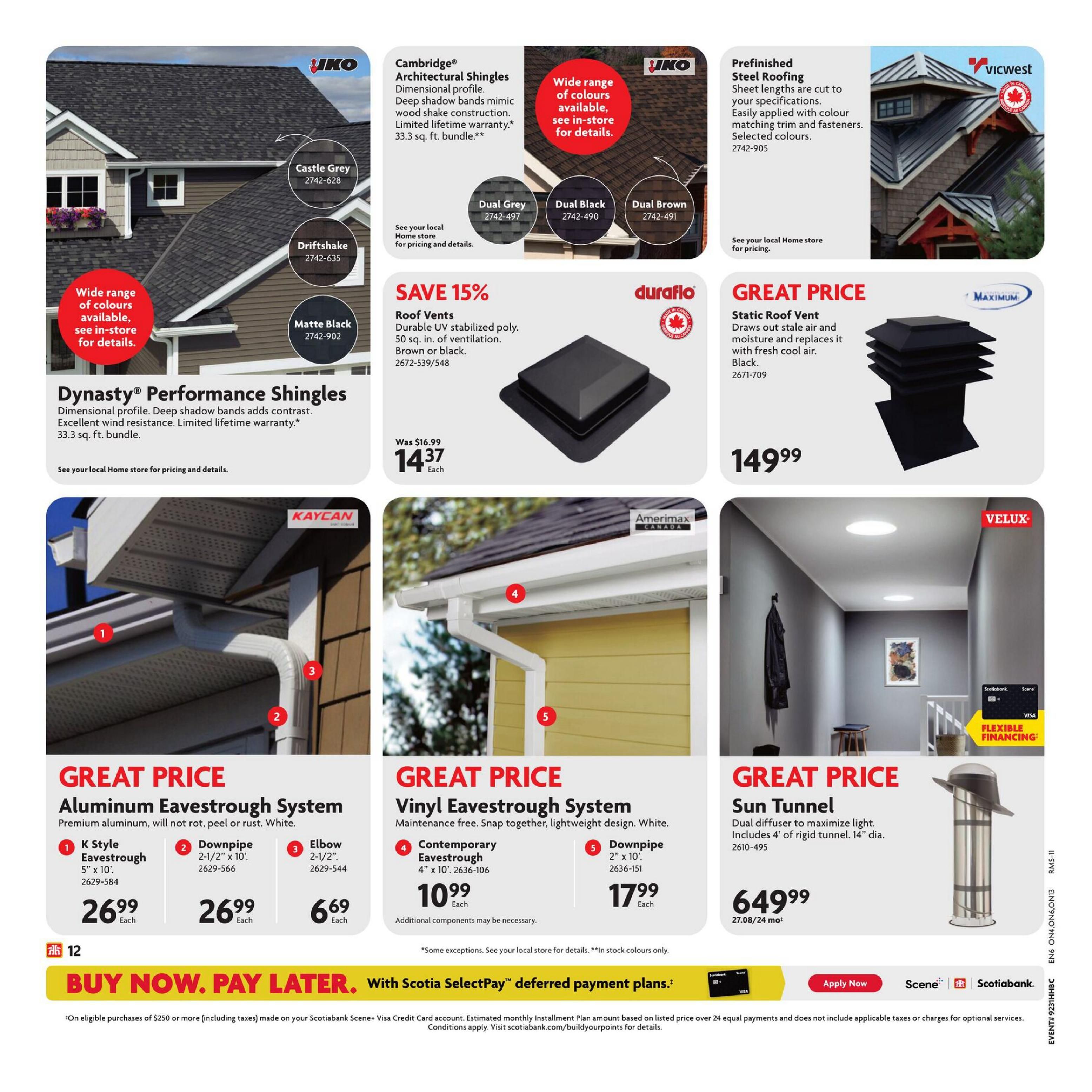 Home Hardware flyer page 15 features roofing and eavestroughing solutions. Top section showcases IKO Cambridge Architectural Shingles in various colours like Castle Grey, Driftshake, and Matte Black, with a limited lifetime warranty. Also featured is Vicwest Prefinished Steel Roofing. Duraflo Roof Vents are on sale for $14.37 each, a 15% discount from $16.99. Maximum Static Roof Vent is priced at $149.99. The bottom section highlights Kaycan Aluminum Eavestrough Systems, with K Style Eavestrough at $26.99 each and Downpipe Elbow at $6.69 each. Amerimax Canada Vinyl Eavestrough System includes Contemporary Eavestrough for $10.99 each and Downpipe for $17.99 each. Velux Sun Tunnel with dual diffuser is available for $649.99. The flyer also promotes 'Buy Now. Pay Later.' with Scotiabank SelectPay deferred payment plans.