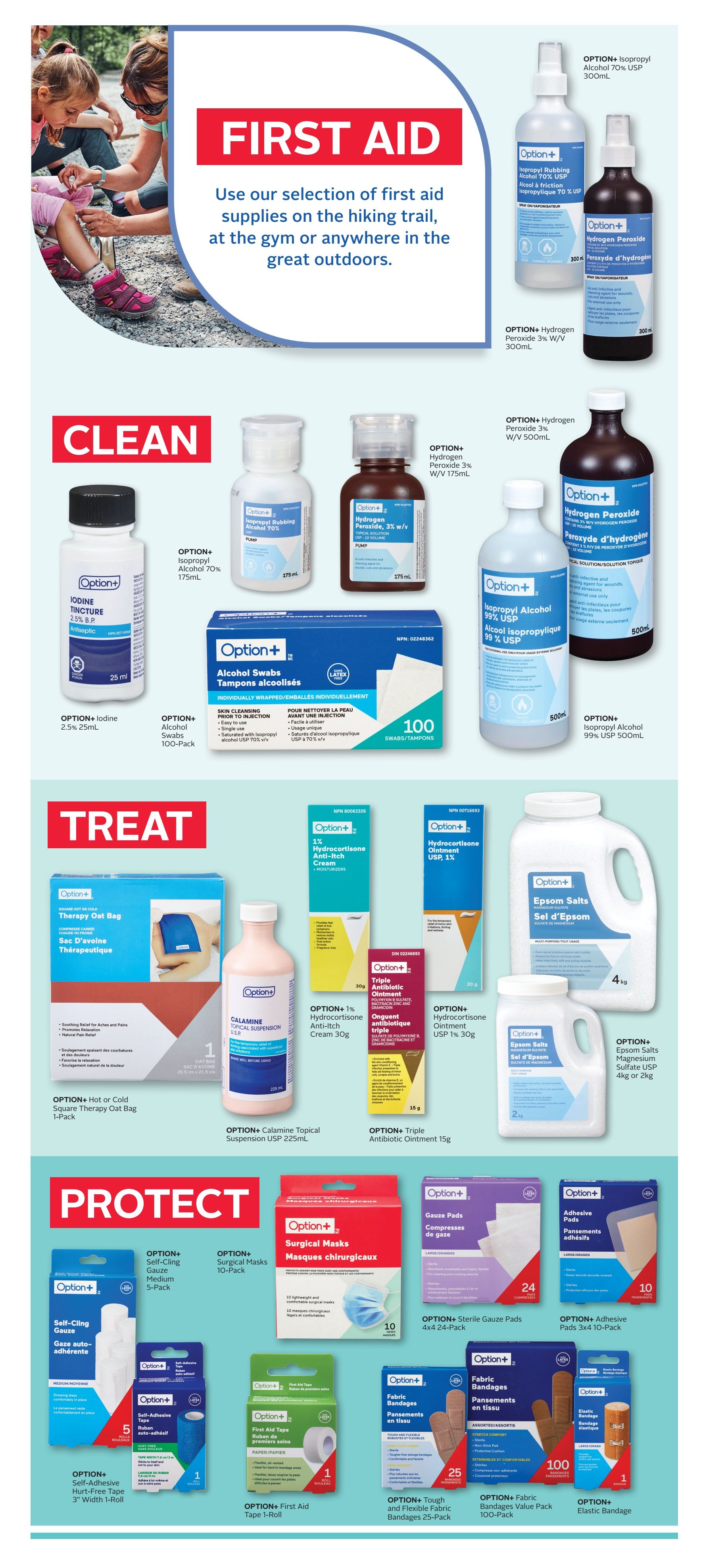 Rexall flyer page 13 featuring a selection of first aid supplies. Under the 'Clean' section, find Option+ Iodine Tincture 2.5% 25ml, Option+ Isopropyl Alcohol 70% USP 175ml, Option+ Hydrogen Peroxide 3% W/V 175ml, Option+ Hydrogen Peroxide 3% W/V 500ml, Option+ Isopropyl Alcohol 99% USP 500ml, and Option+ Alcohol Swabs 100-Pack. The 'Treat' section includes Option+ Hot or Cold Square Therapy Oat Bag 1-Pack, Option+ Calamine Topical Suspension USP 225ml, Option+ 1% Hydrocortisone Anti-Itch Cream 30g, Option+ Triple Antibiotic Ointment 15g, Option+ Hydrocortisone Ointment USP 1% 30g, and Option+ Epsom Salts 4kg or 2kg. The 'Protect' section offers Option+ Self-Adhesive Gauze Medium 5-Pack, Option+ Surgical Masks 10-Pack, Option+ Sterile Gauze Pads 4x4 24-Pack, Option+ Adhesive Pads 3x4 10-Pack, Option+ Self-Adhesive Hurt-Free Tape 3' Width 1-Roll, Option+ First Aid Tape 1-Roll, Option+ Tough and Flexible Fabric Bandages 25-Pack, and Option+ Fabric Bandages Value Pack 100-Pack, and Option+ Elastic Bandage.