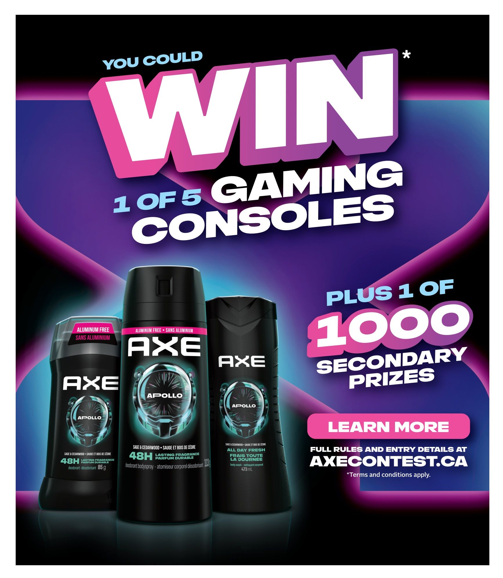 Rexall flyer page featuring a promotion where you could win 1 of 5 gaming consoles plus 1 of 1000 secondary prizes. The page displays Axe Apollo deodorant body spray (85g) and Axe Apollo body wash (473mL), both aluminum-free with 48H lasting fragrance. Details on how to enter the contest are available at axecontest.ca. Terms and conditions apply.