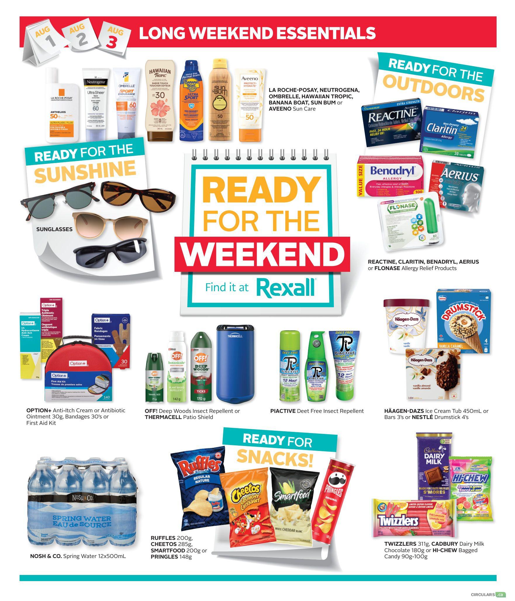 Rexall flyer page 20, featuring Long Weekend Essentials. Ready for the Sunshine section includes sunglasses and various sun care products like La Roche-Posay, Neutrogena Ultra Sheer SPF 60, Ombrelle Sport Endurance SPF 60, Hawaiian Tropic SPF 30, Sun Bum SPF 50, and Aveeno Sun Care. Ready for the Outdoors section offers Reactine, Claritin, Benadryl, Aerius, or Flonase allergy relief products. Also available are Option+ Anti-Itch Cream or Antibiotic Ointment 30g, Bandages 30's or First Aid Kit, OFF! Deep Woods Insect Repellent or Thermacell Patio Shield, and PIACTIVE Deet Free Insect Repellent. Refreshments include Nosh & Co. Spring Water 12x500mL. Ready for Snacks section features Ruffles 200g, Cheetos 285g, Smartfood 200g or Pringles 148g, Häagen-Dazs Ice Cream Tub 450mL or Bars 3's or Nestlé Drumstick 4's, Twizzlers 311g, Cadbury Dairy Milk Chocolate 180g or Hi-Chew Bagged Candy 90g-100g.