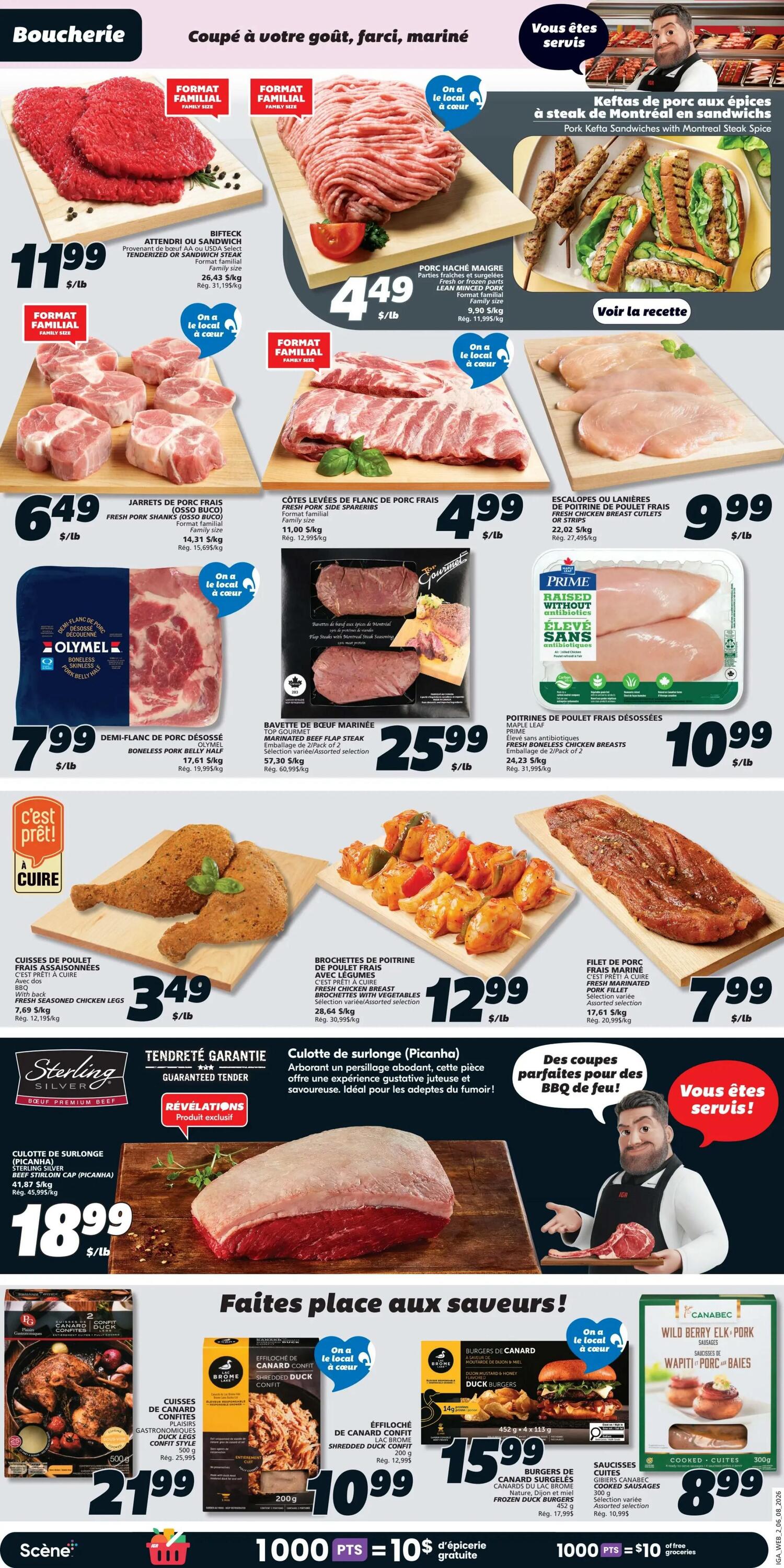 IGA Weekly Flyer Specials Page 4 features a variety of fresh and marinated meats. Highlights include: Attendi or Sandwich Beef Steaks for $11.99/lb, Lean Minced Pork for $4.49/lb, Fresh Pork Shanks (Osso Buco) for $6.49/lb, Fresh Pork Side Spareribs for $4.99/lb, and Fresh Chicken Breast Cutlets or Strips for $9.99/lb. Also featured are Boneless Pork Belly Half for $7.99/lb, Gourmet Marinated Beef Flap Steak for $25.99/lb, and Maple Leaf Prime Fresh Boneless Chicken Breasts for $10.99/lb. Additional items include Fresh Seasoned Chicken Legs for $3.49/lb, Fresh Chicken Breast Brochettes with Vegetables for $12.99/lb, and Fresh Marinated Pork Filet for $7.99/lb. Sterling Silver Beef Premium Beef Picanha (Top Sirloin Cap) is available for $18.99/lb. The flyer also showcases Gastronomic Duck Legs Confit Style for $21.99, Shredded Duck Confit for $10.99, and Canards Surgelés Duck Burgers for $15.99. Finally, Cooked Canabec Wild Berry Elk Pork Sausages are priced at $8.99.