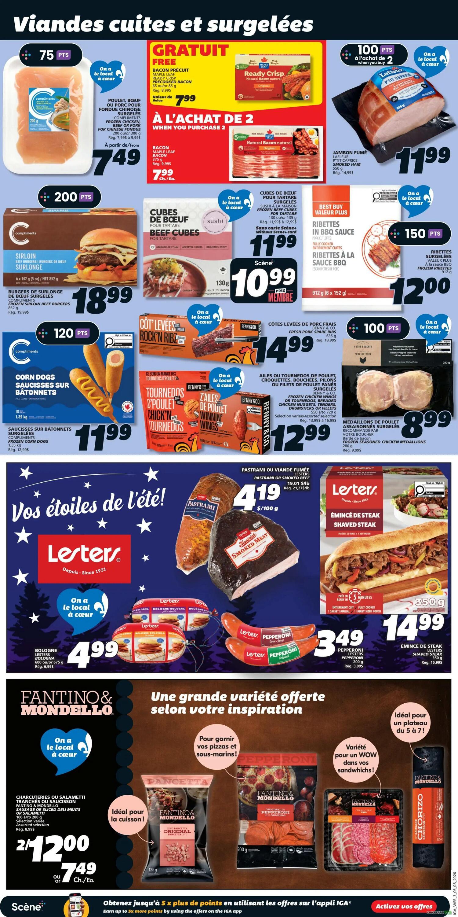 IGA Weekly Flyer Specials Page 5 features a variety of meat products. Top section includes Maple Leaf Bacon Pre-cooked Bacon for $7.99 when you buy 2, with a regular price of $9.99. Also, a 200g package of Compliments Frozen Chicken Breast for $7.49. Next, 6x142g Compliments Sirloin Beef Burgers for $18.99. Beef Cubes for Tartare, 130g, are $10.99 (member price) or $11.99 regular. Best Buy Plus Ribs in BBQ Sauce, 912g, are $12.00. Fresh Pork Spare Ribs, 1kg, are $14.99. Frozen Chicken Wings or Drumsticks, 350g to 720g, are $12.99. Frozen Chicken Medallions, 250g, are $8.99. Lester's Pastrami or Smoked Meat, 19.01$/lb, is $4.19 per 100g. Lester's Bologna, 375g, is $4.99. Two packs of Lester's Pepperoni are $3.49. Lester's Shaved Steak, 350g, is $14.99. Fantino & Mondello Sliced Deli Meats or Sausage, assorted selection, 100g to 200g, are 2 for $12.00 or $7.49 each. Fantino & Mondello Pancetta, 125g, and Pepperoni, 200g, are also featured. The bottom of the page highlights earning 5x more points on IGA app offers.